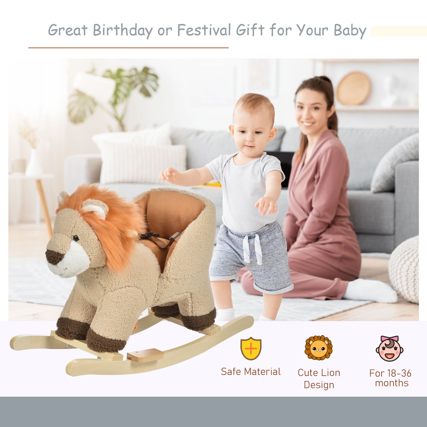 HOMCOM Kids Lion-themed Rocking Horse, with Roaring Sound Button, Seatbelt, Brown