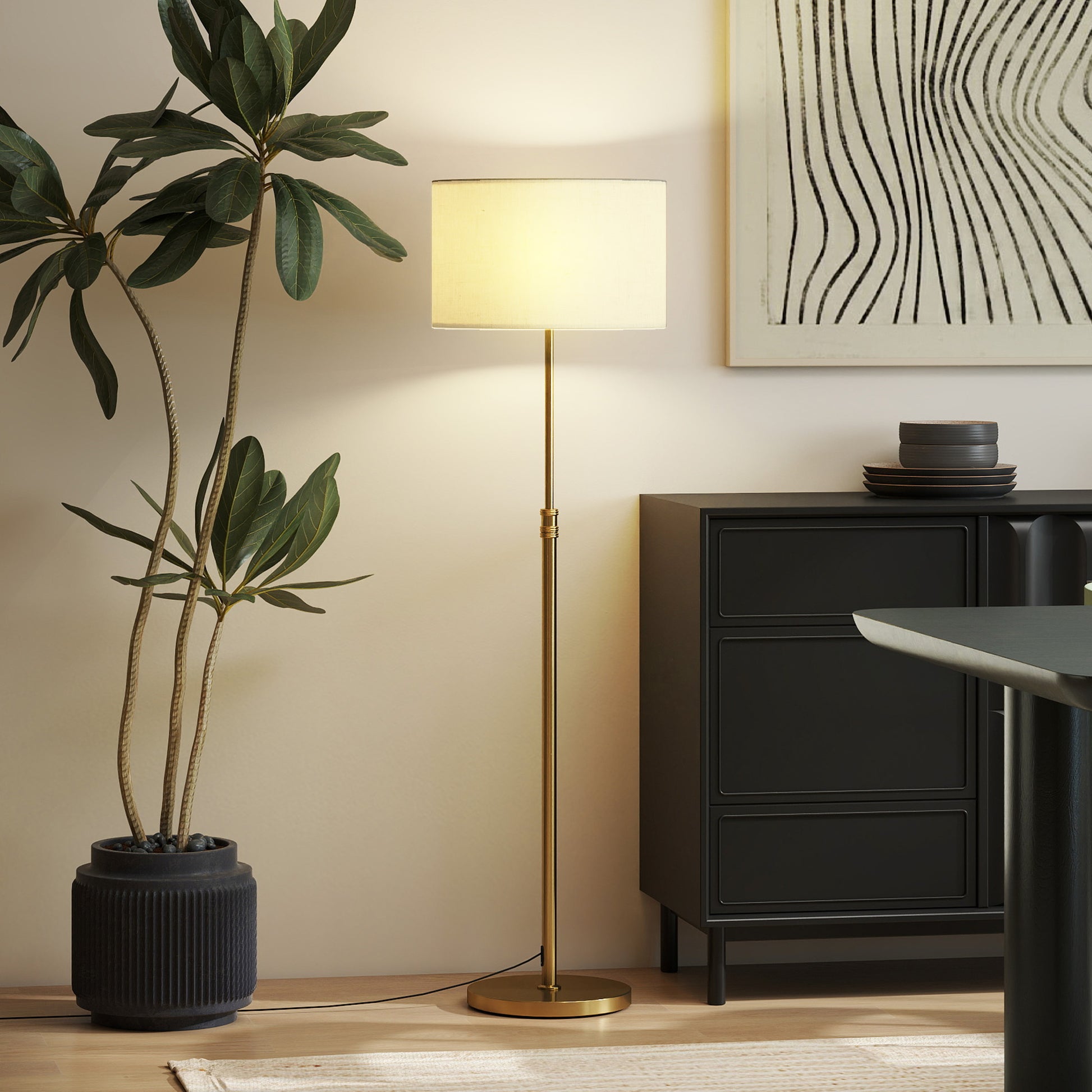 HOMCOM Floor Lamp with Remote, Height Adjustable Standing Lamp with Linen Shade, Dimmable with 3000K-6000K Adjustable Colour Temperatures, Foot Switch for Living Room Bedroom Office, Gold Tone