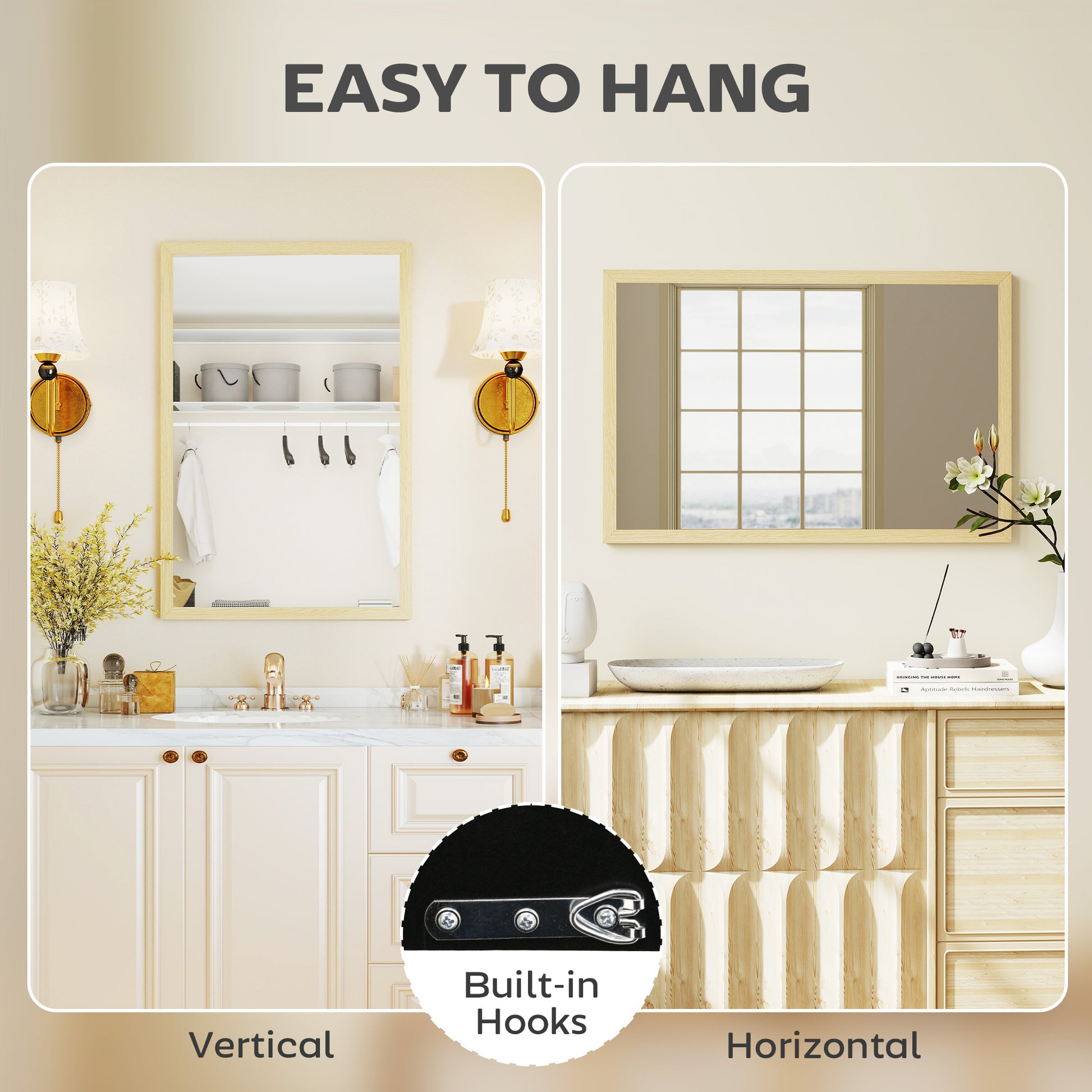 HOMCOM Wall Bathroom Mirror, 60 x 40 cm Wall-Mounted Mirror for Living Room, Bedroom, Hallway, Natural Wood Finish