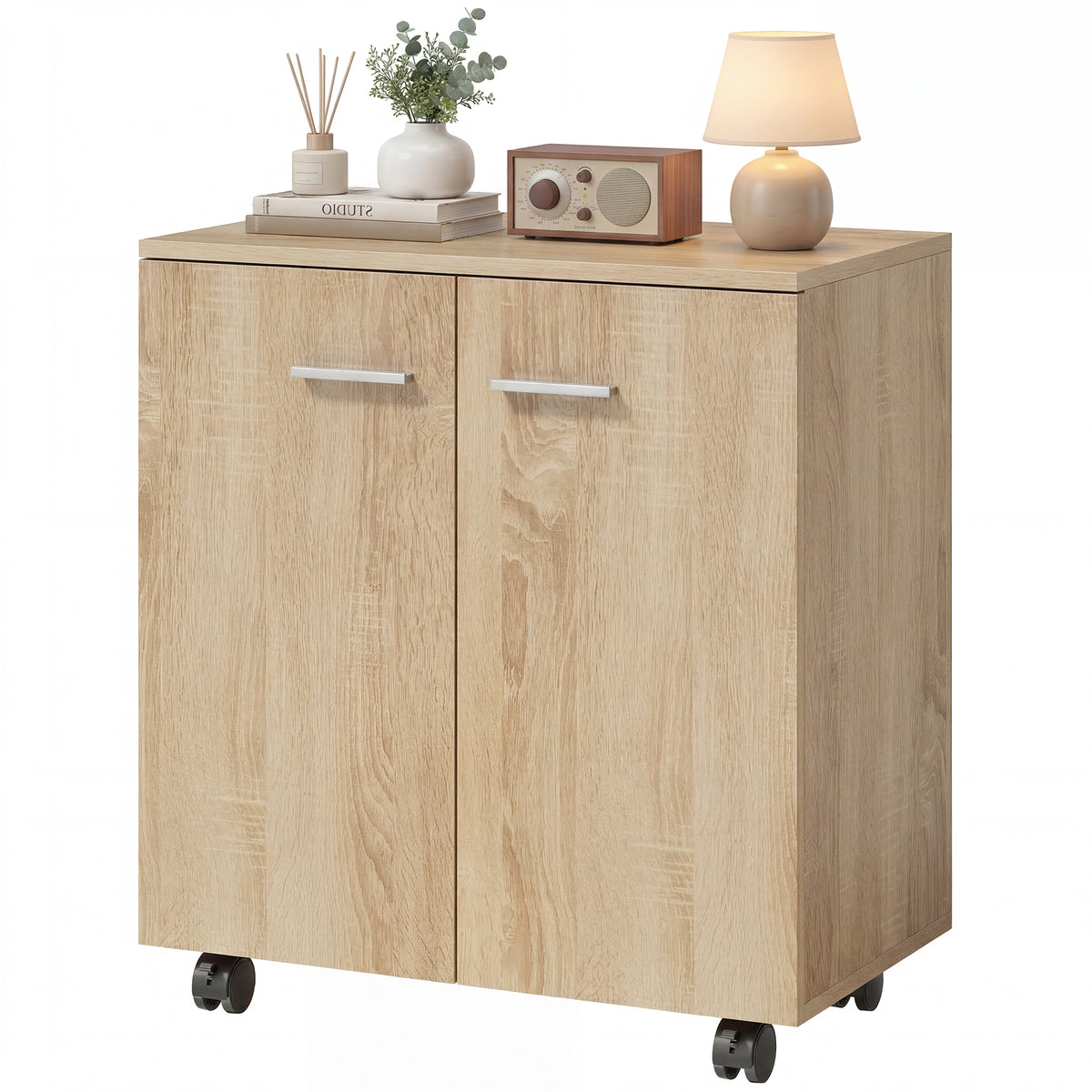 HOMCOM Mobile Sideboard Cabinet with 2 Doors and Internal Shelves for Living Room, Bedroom, 60L x 35W x 65H cm, Natural Wood