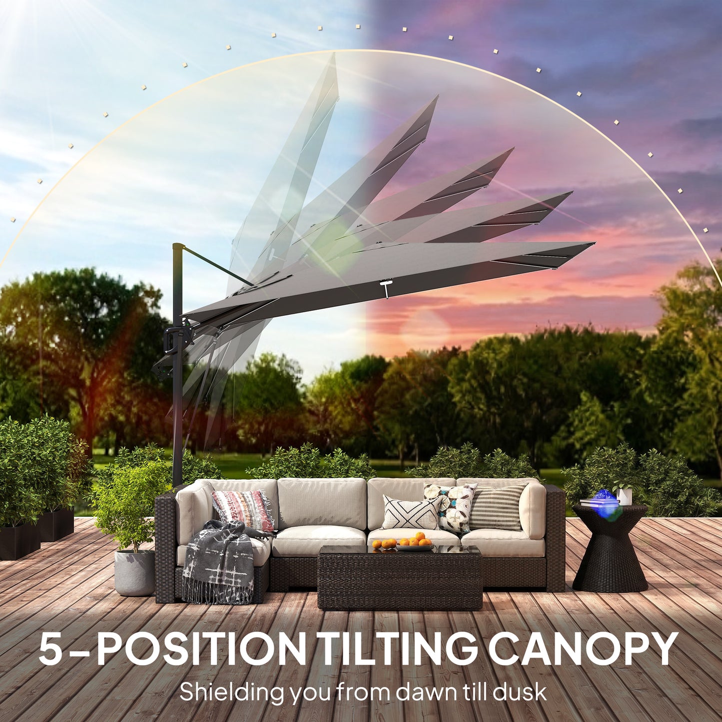 Outsunny 3 x 3 m Garden Cantilever Parasol w/ Light, Cover, UPF50+ Patio Umbrella w/ Wind Protection, 360Â° Rotation, Dark Grey