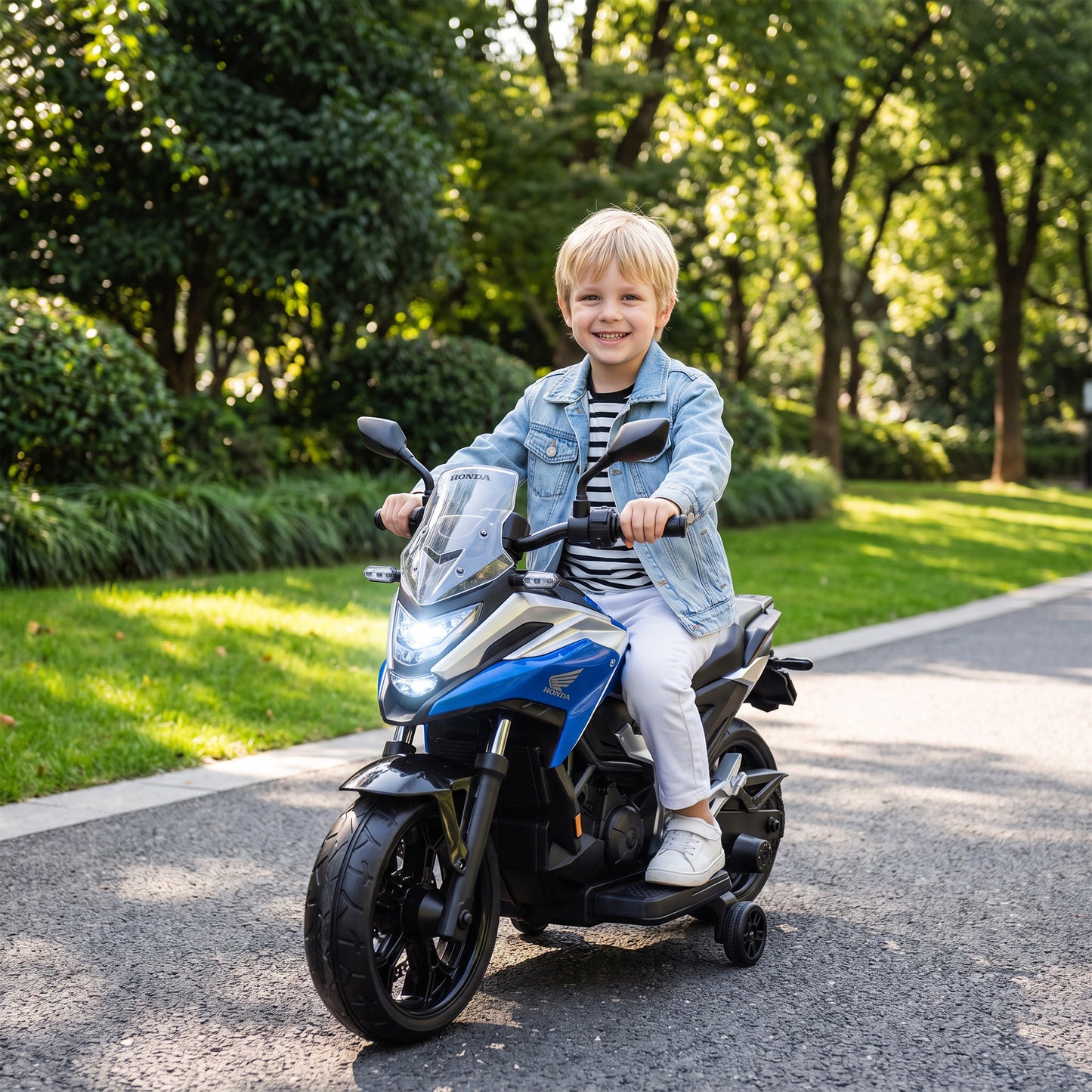 AIYAPLAY Licensed Honda 12V Kids Electric Motorbike with Training Wheels, Soft Start, Headlights, Music for 3-6 Years, Blue