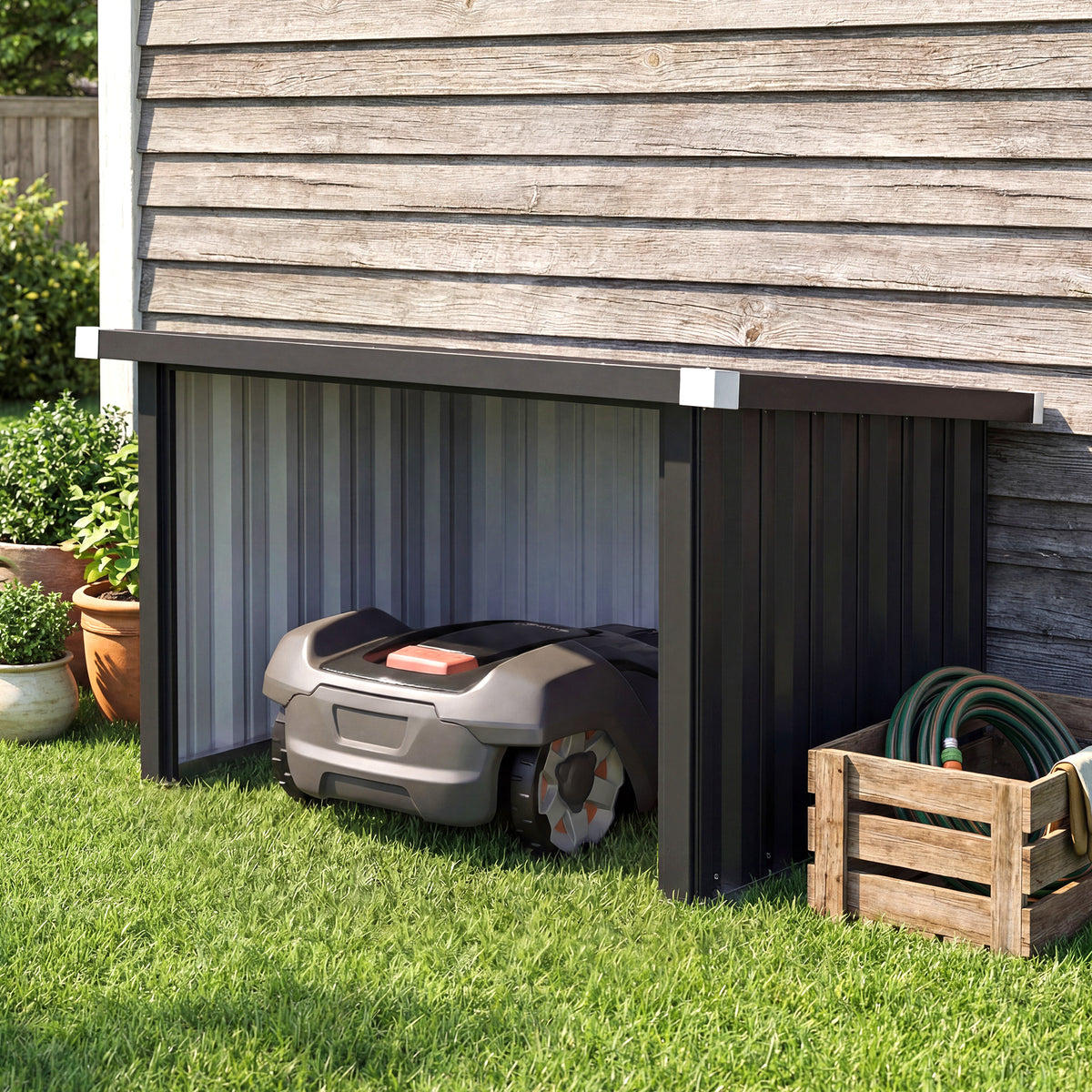 Outsunny Robot Mower Garage with Sloped Roof for Robotic Lawn Mower Storage, Weatherproof, 108 x 86 x 62.5 cm, Dark Grey