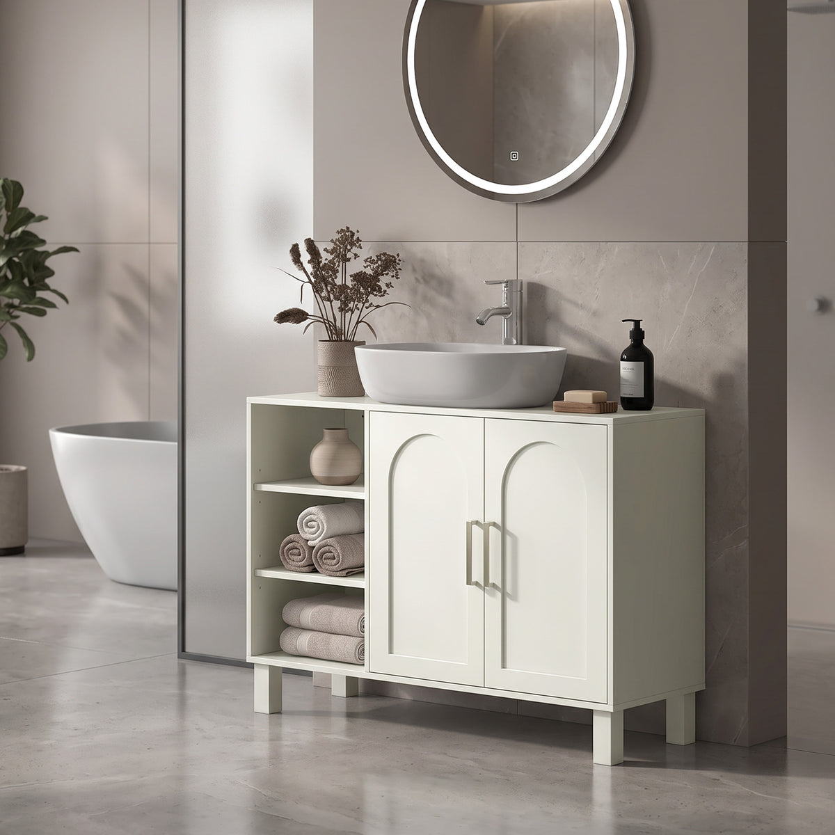 HOMCOM Under Sink Cabinet, Bathroom Sink Cabinet with U-Shaped Cutout, Two-Level Cupboard, Adjustable Shelf for Basin, Cream