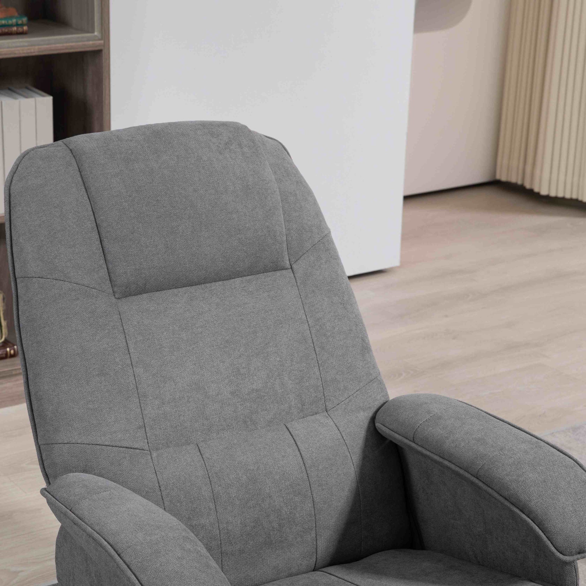 HOMCOM Linen Swivel Recliner Chair with Footstool, Upholstered Reclining Armchair with Wooden Base for Living Room, Grey