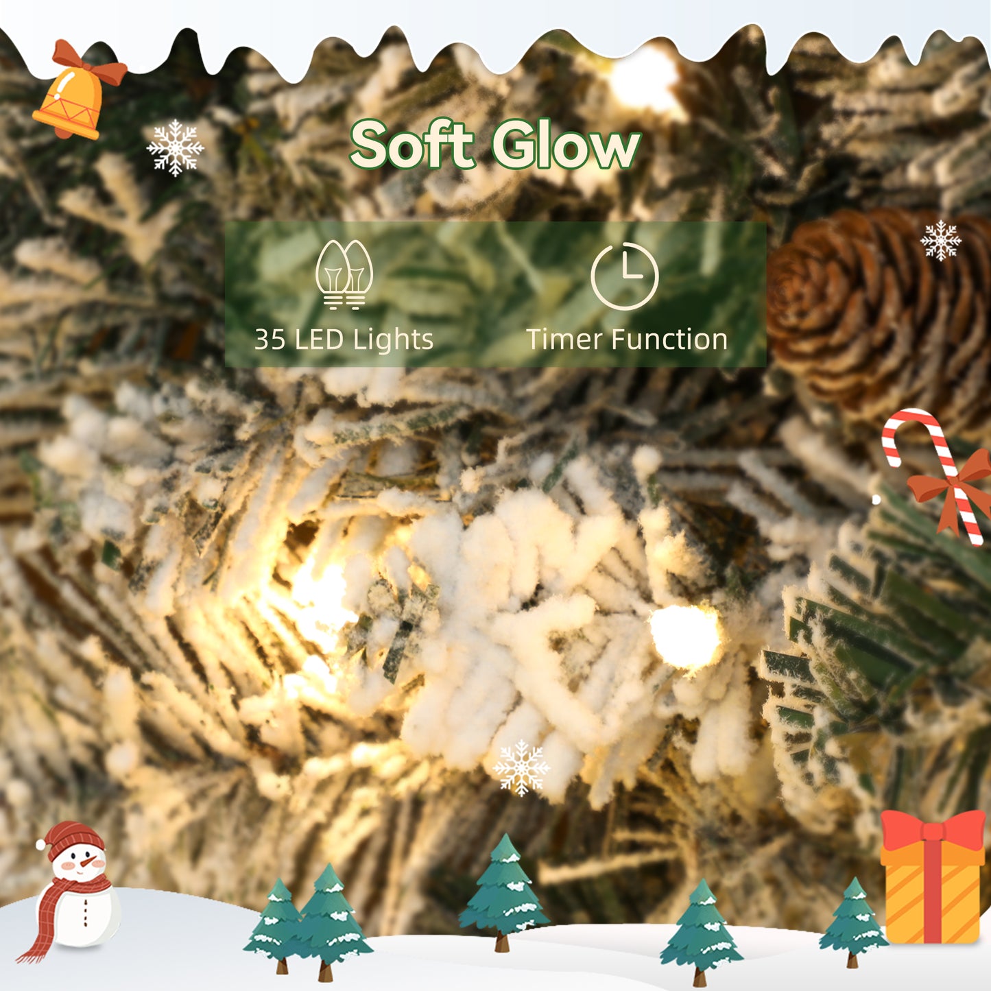 HOMCOM 60cm/ 24inch Flocked Prelit Christmas Wreath