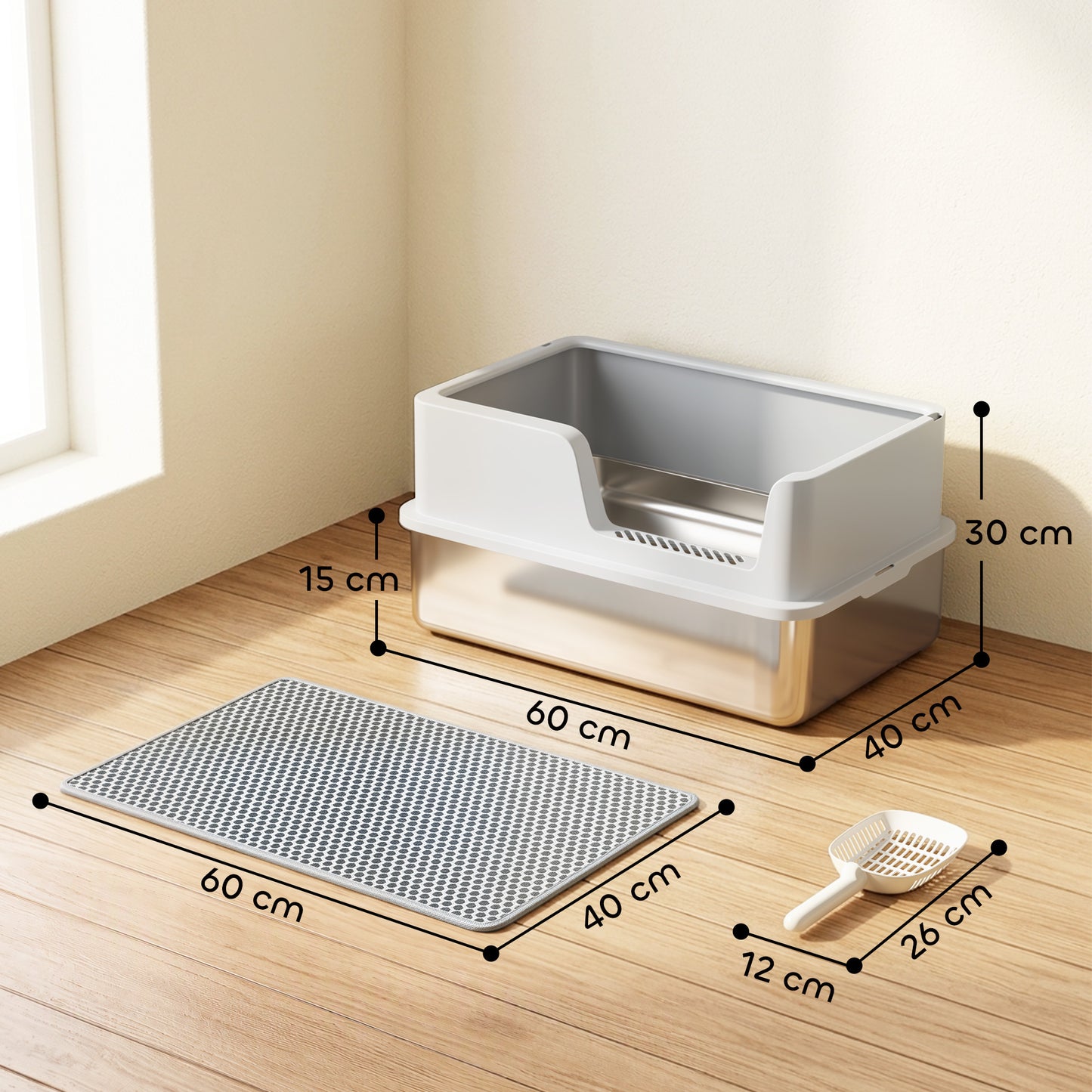 PawHut XL Stainless Steel Cat Litter Tray with Lid, High Sided Cat Litter Box with Scoop and Mat, Light Grey