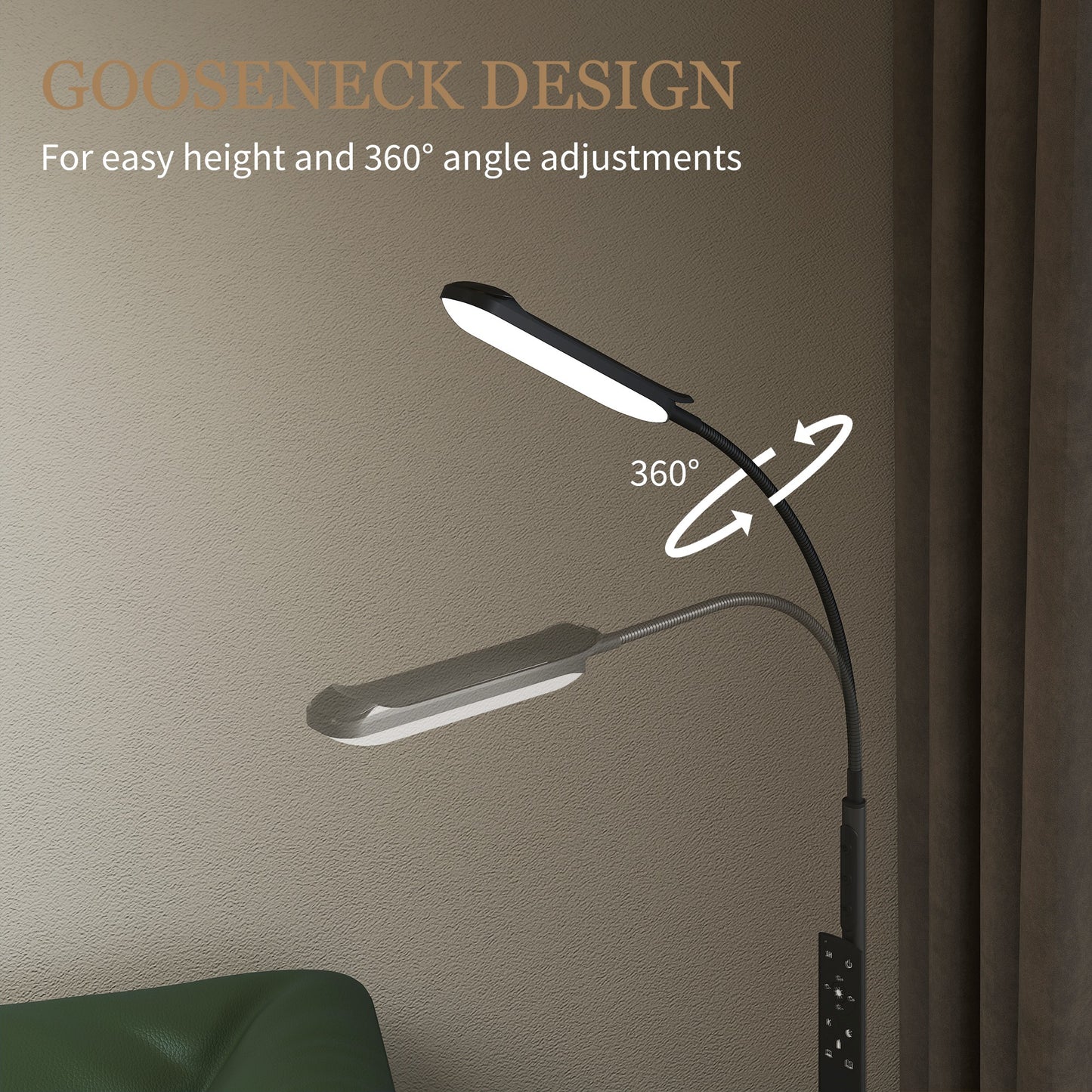 HOMCOM LED Floor Lamp, Standing Lamp with Remote & Touch Control, Stepless Dimmable Colours Temperature & Brightness, 360Â° Adjustable Gooseneck, 1 Hour Timer, Memory Function for Living Room, Black