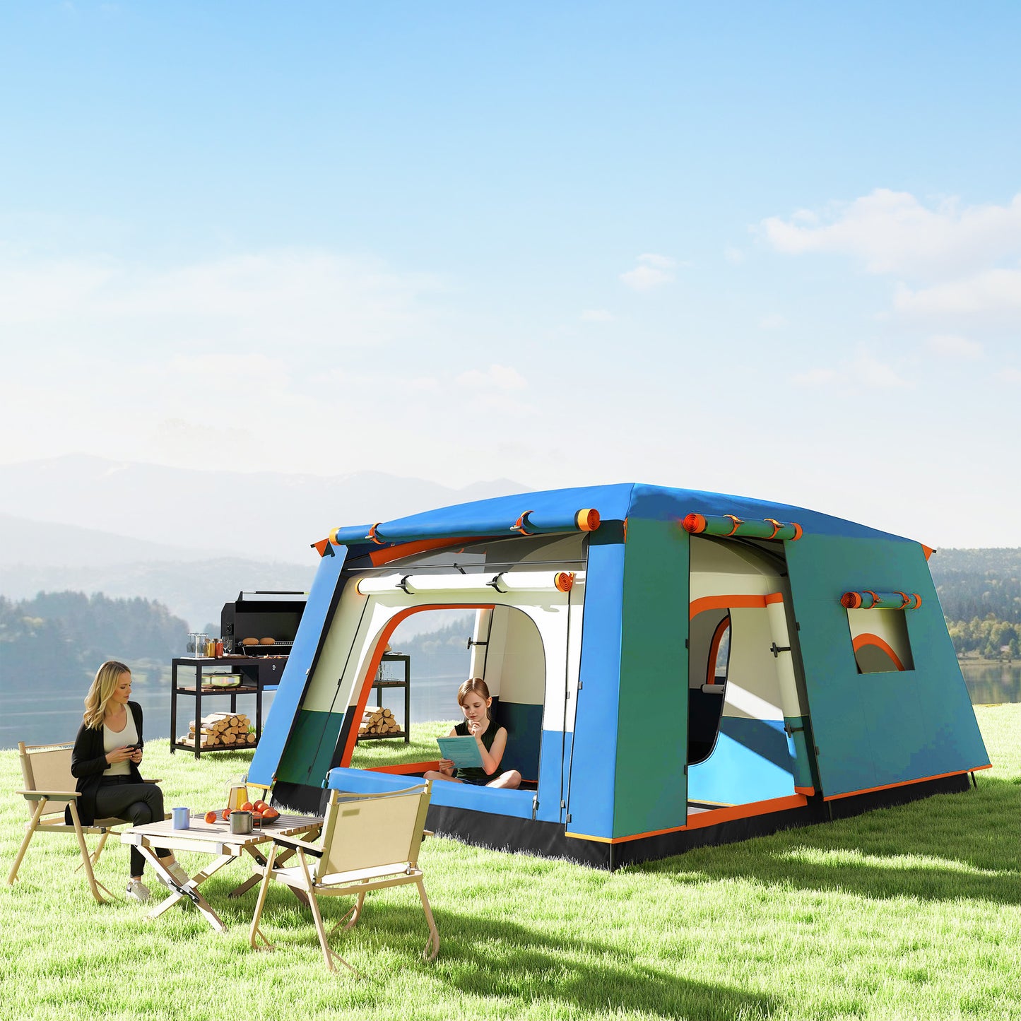 Outsunny 4 Man Camping Tent, Double Layer Tunnel Tent with Porch, Living Area and 2 Bedrooms, Sewn in Groundsheet, 3000mm Waterproof and UPF 30+, Portable with Bag, 430 x 305 x 195 cm Large, Blue