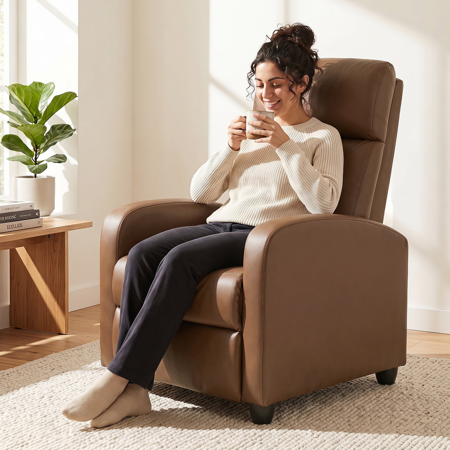 HOMCOM Recliner Armchair, Massage Faux Leather Push Back Reclining Chair with Adjustable Leg Rest, Side Pocket, Dark Brown