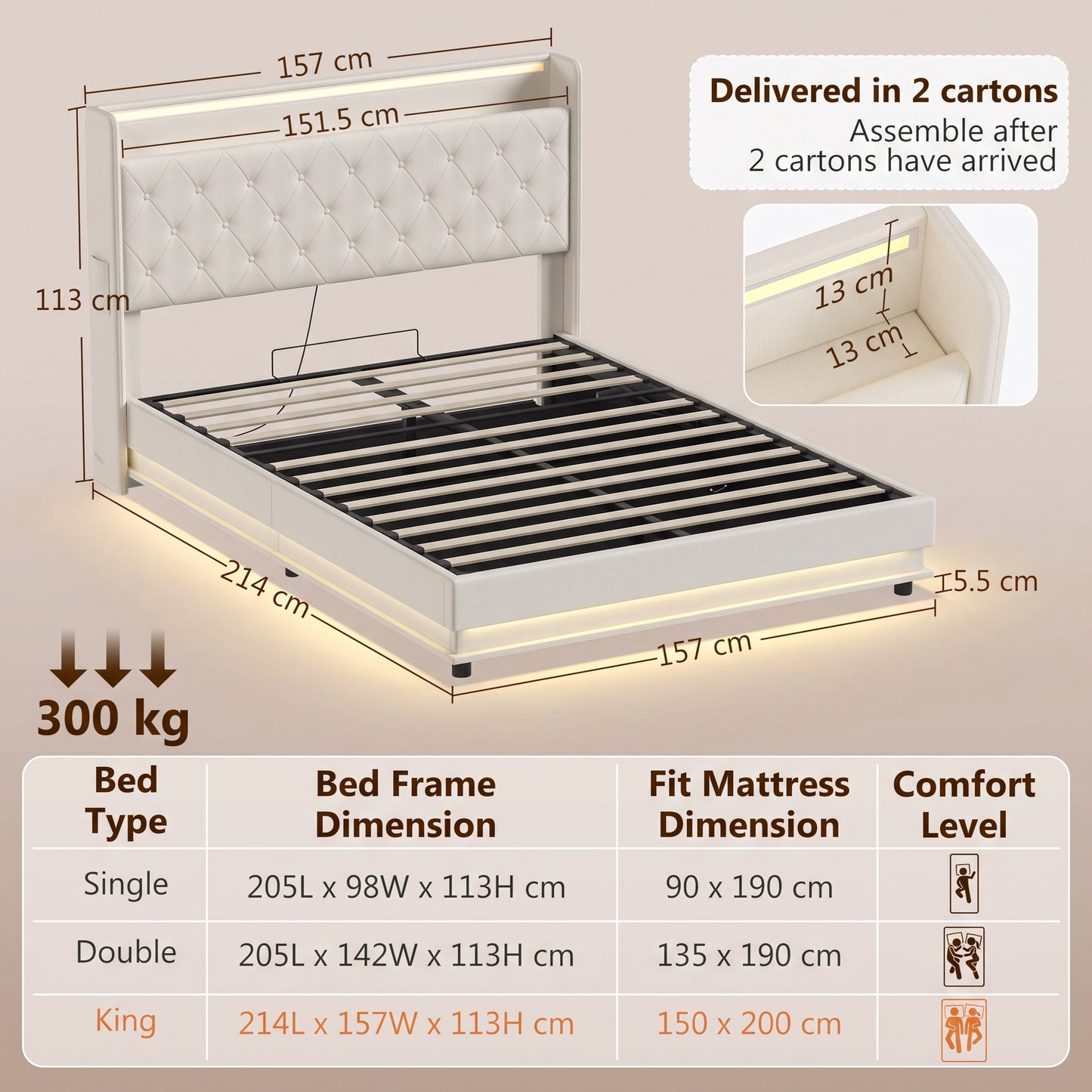 HOMCOM 5ft King Bed Frame with Headboard, Platform Bed Frame with Hydraulic Storage, LED Lights and Charging Station, White