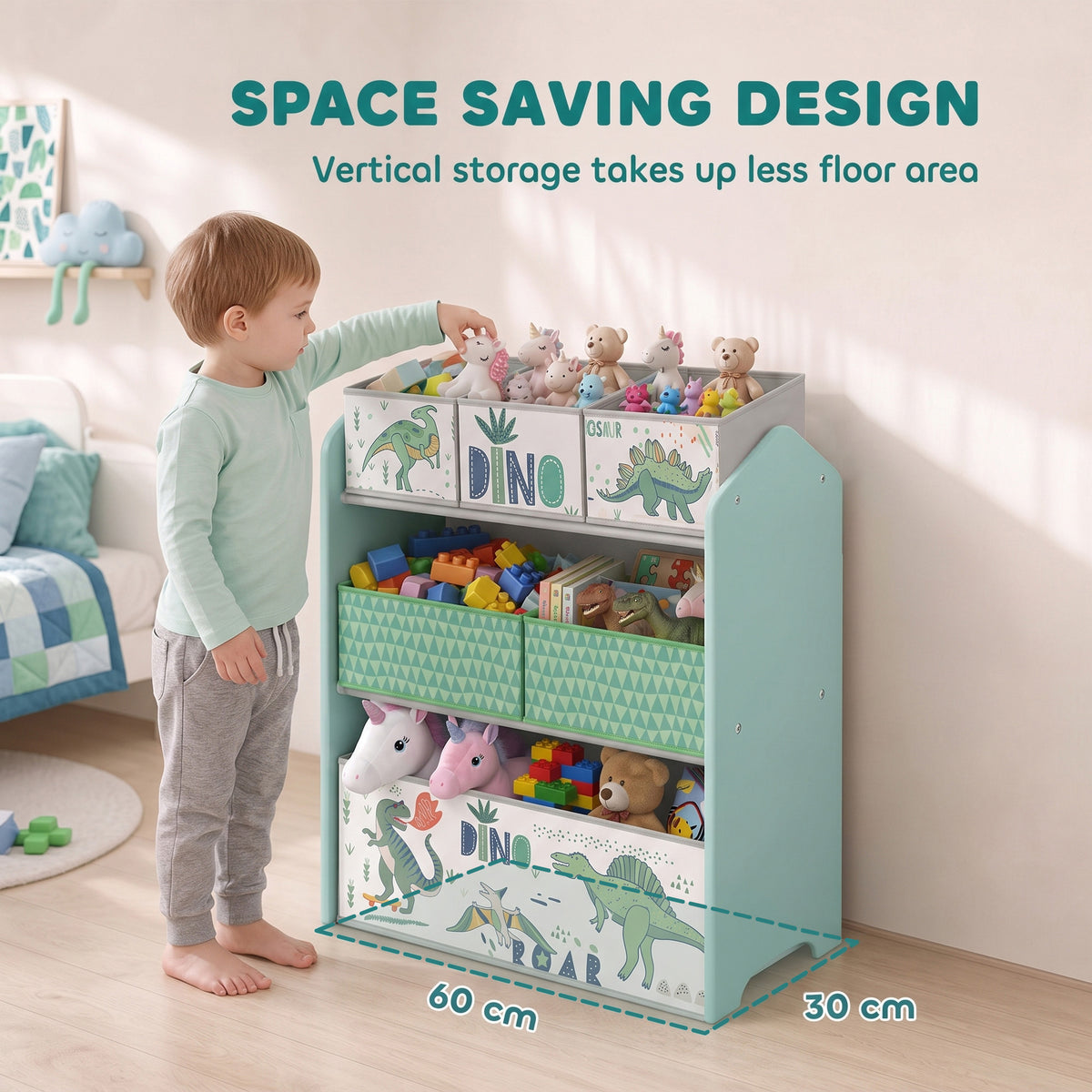 AIYAPLAY Toy Storage Organiser, 3-Tier Wooden Kids Toy Storage Rack with 6 Fabric Storage Bins for Bedroom, Kids Room, Green