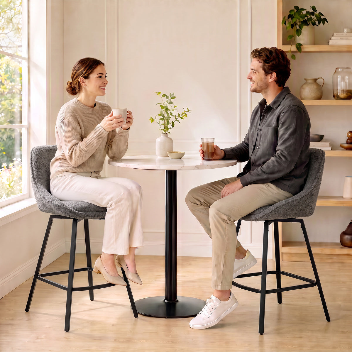 HOMCOM Bar Stools Set of 2, 64 cm Modern Linen-Touch Fabric 360Â° Swivel Counter Height Bar Chairs, Dark Grey