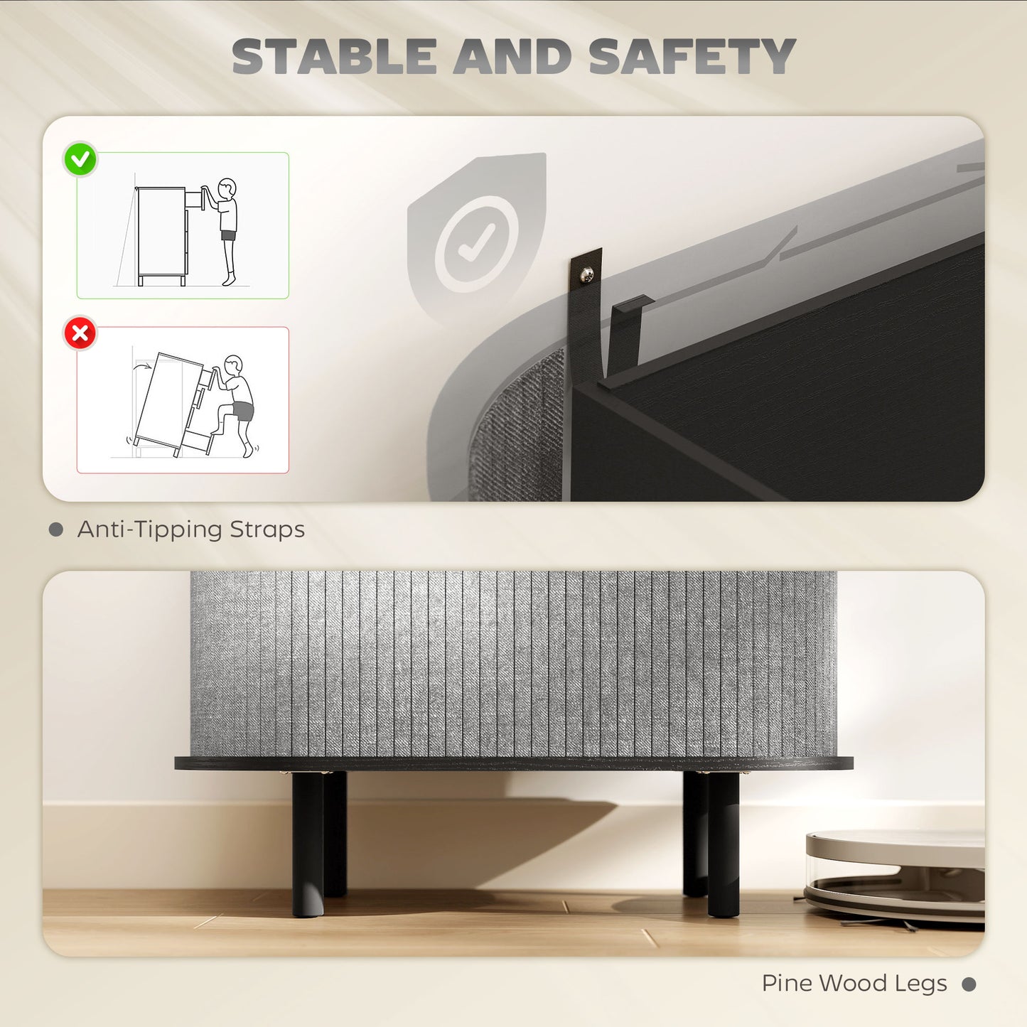 HOMCOM Tambour Sideboard with Fluted Sliding Doors, Modern Kitchen Cupboard with Storage Shelves and Wooden Legs, Grey
