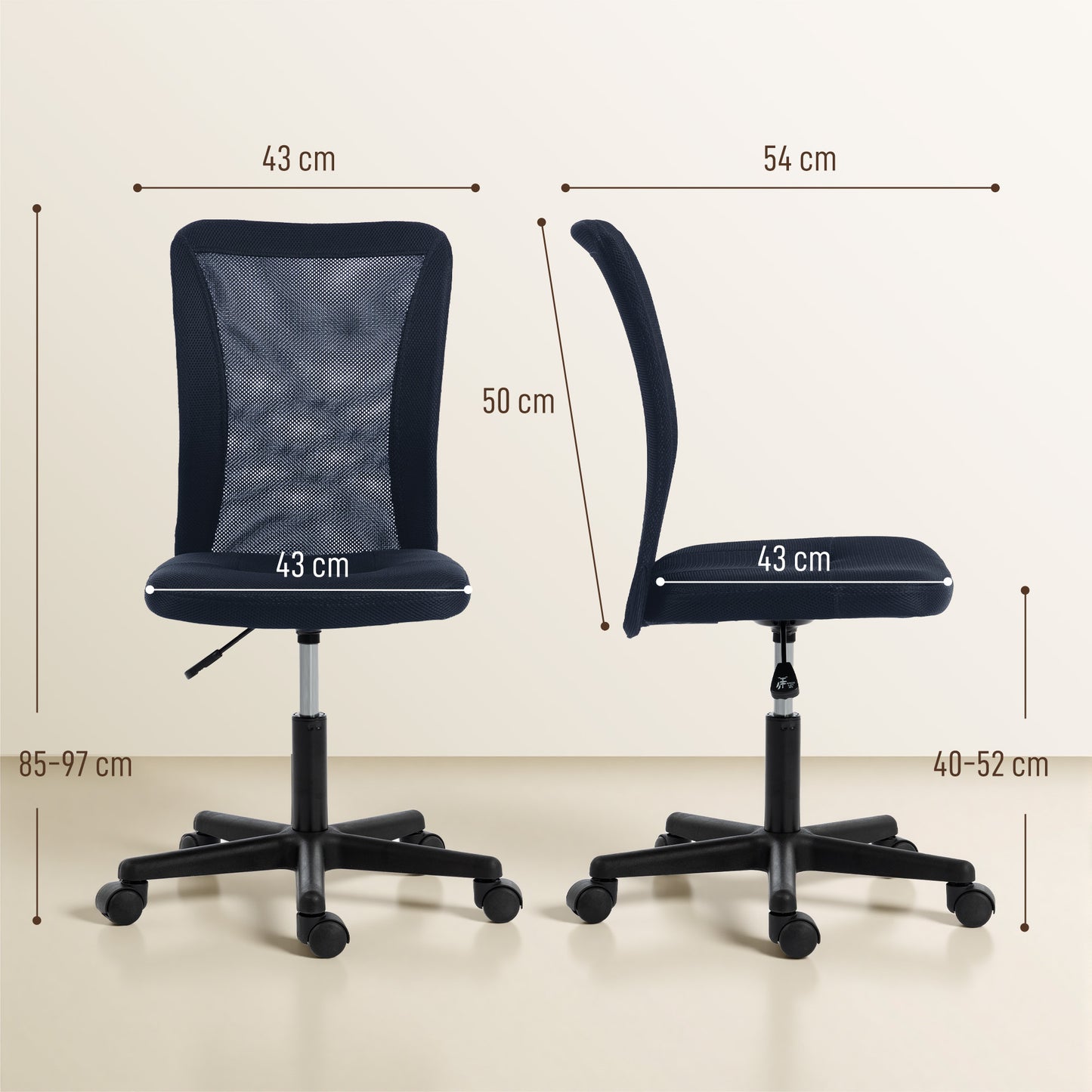 Vinsetto Computer Desk Chair, Mesh Office Chair with Adjustable Height and Swivel Wheels, Armless Study Chair, Dark Grey