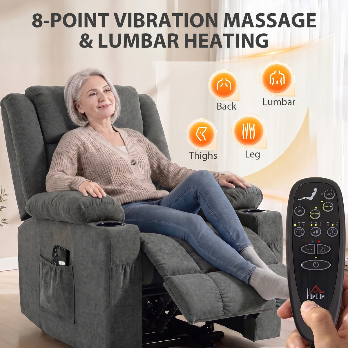HOMCOM Dual Motor Recliner Chair, 55Â° Electric Lift Chair for Elderly, Recliner Armchair with Massage and Heat, Dark Grey