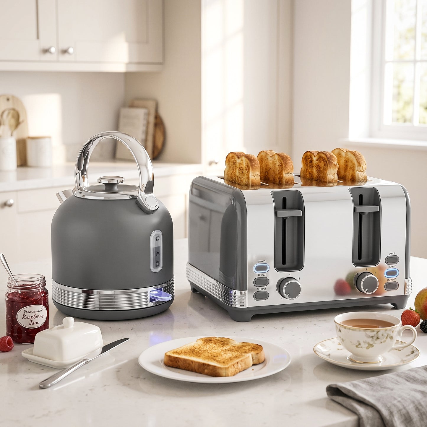 HOMCOM Stainless Steel Kettle and Toaster Set, 1.7L 3000W Cordless Fast Boil Kettle, 4 Slice Toaster Kitchen Set, Grey