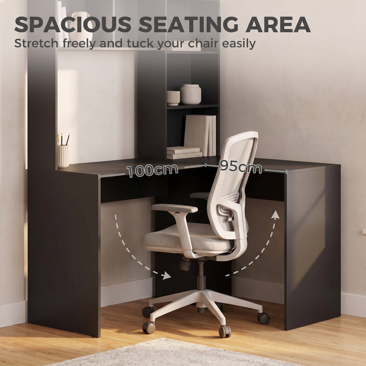 HOMCOM Modern Corner Computer Desk, L Shaped Desk with Monitor Stand and Storage Shelves for Home Office, Bedroom, Black