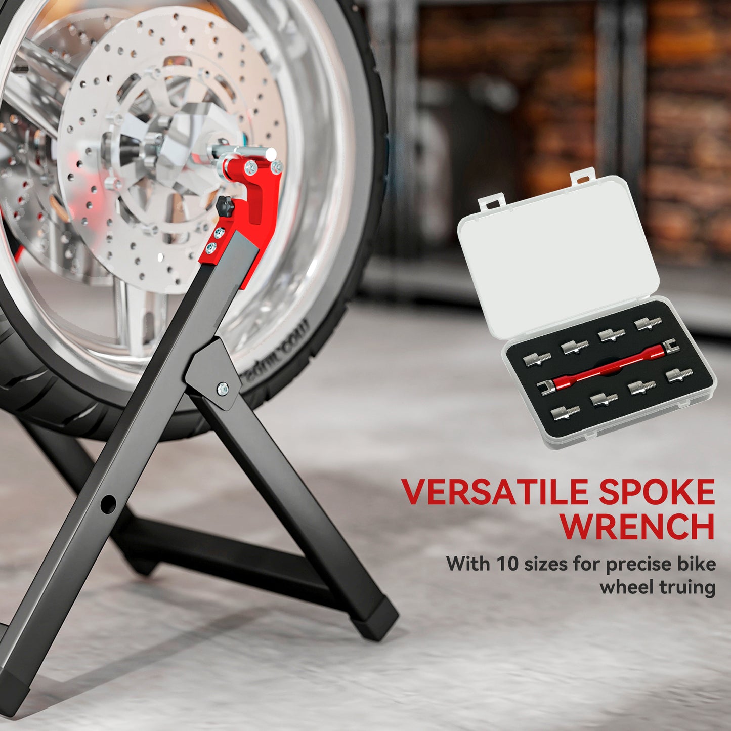 HOMCOM Foldable Motorcycle Wheel Balancer Truing Stand with Spoke Wrench, Steel Bike Tyre Rim Balancing Stand with Aluminium Shaft, Fits Wheels up to 23" in Diameter, 5" in Width, Black