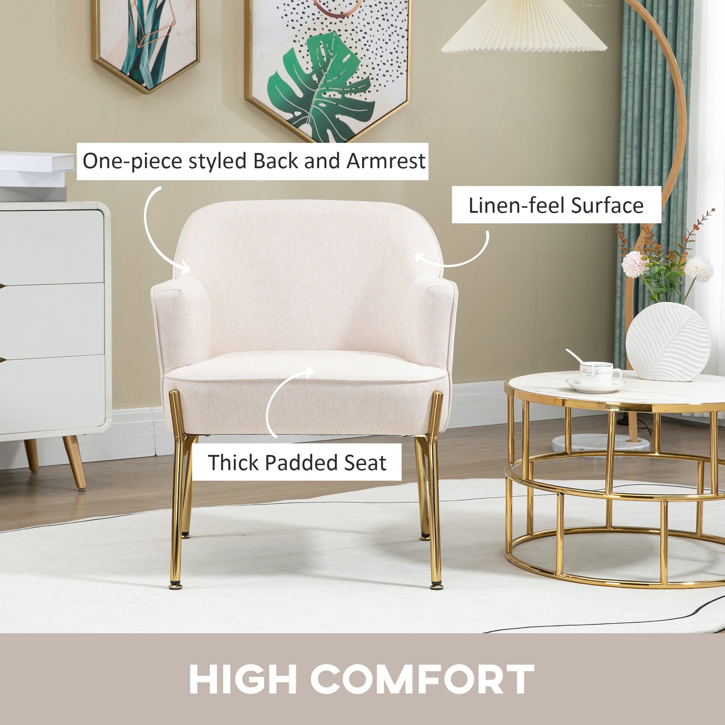 HOMCOM Accent Chair, Living Room Armchair, Vanity Chair with Gold Plating Metal Legs and Soft Padded Seat for Bedroom and CafÃ©, Set of 2, White
