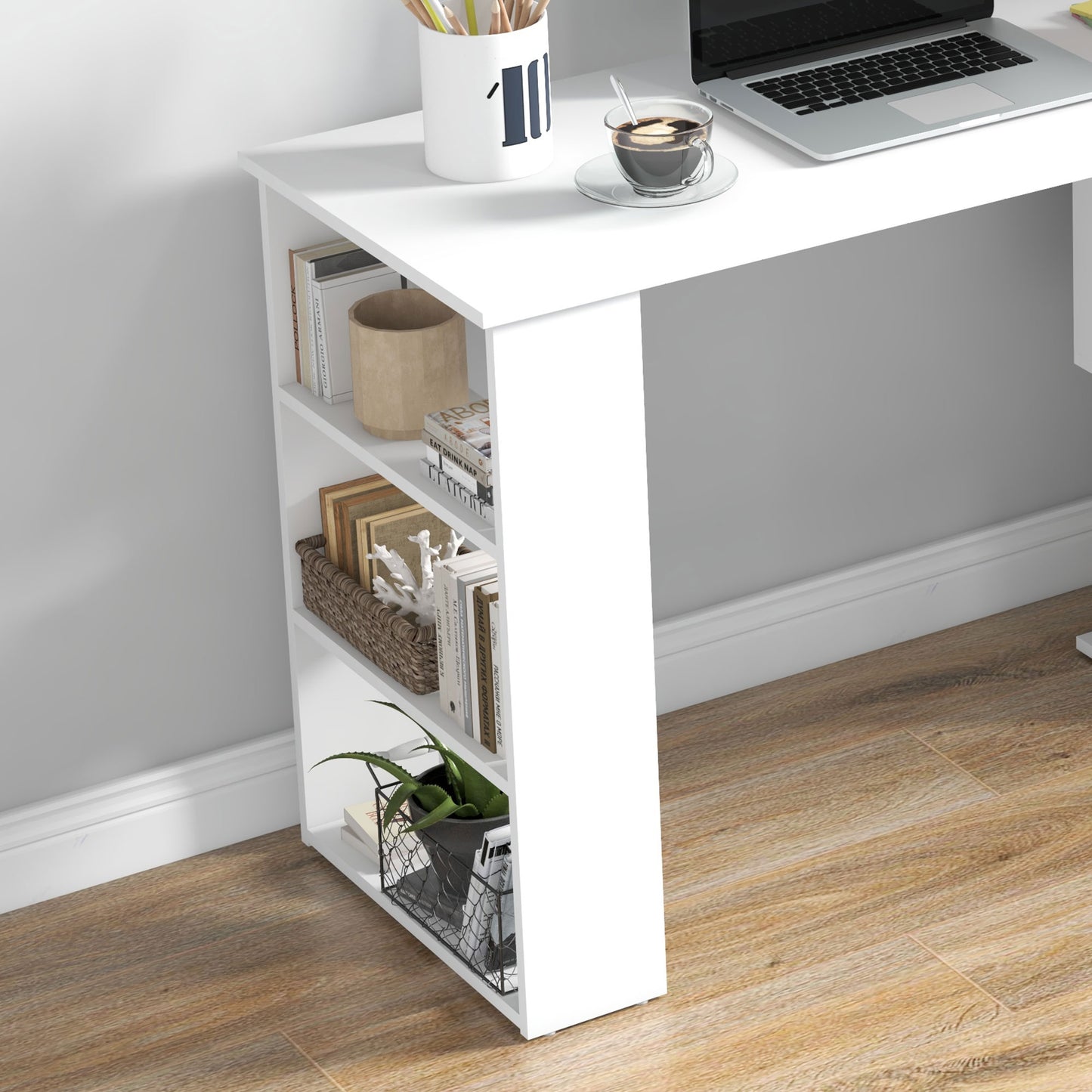 HOMCOM Corner Computer Desk, L Shaped Desk with 360Â° Rotating Bookshelf, 120L x 110W x 74.5H cm, White