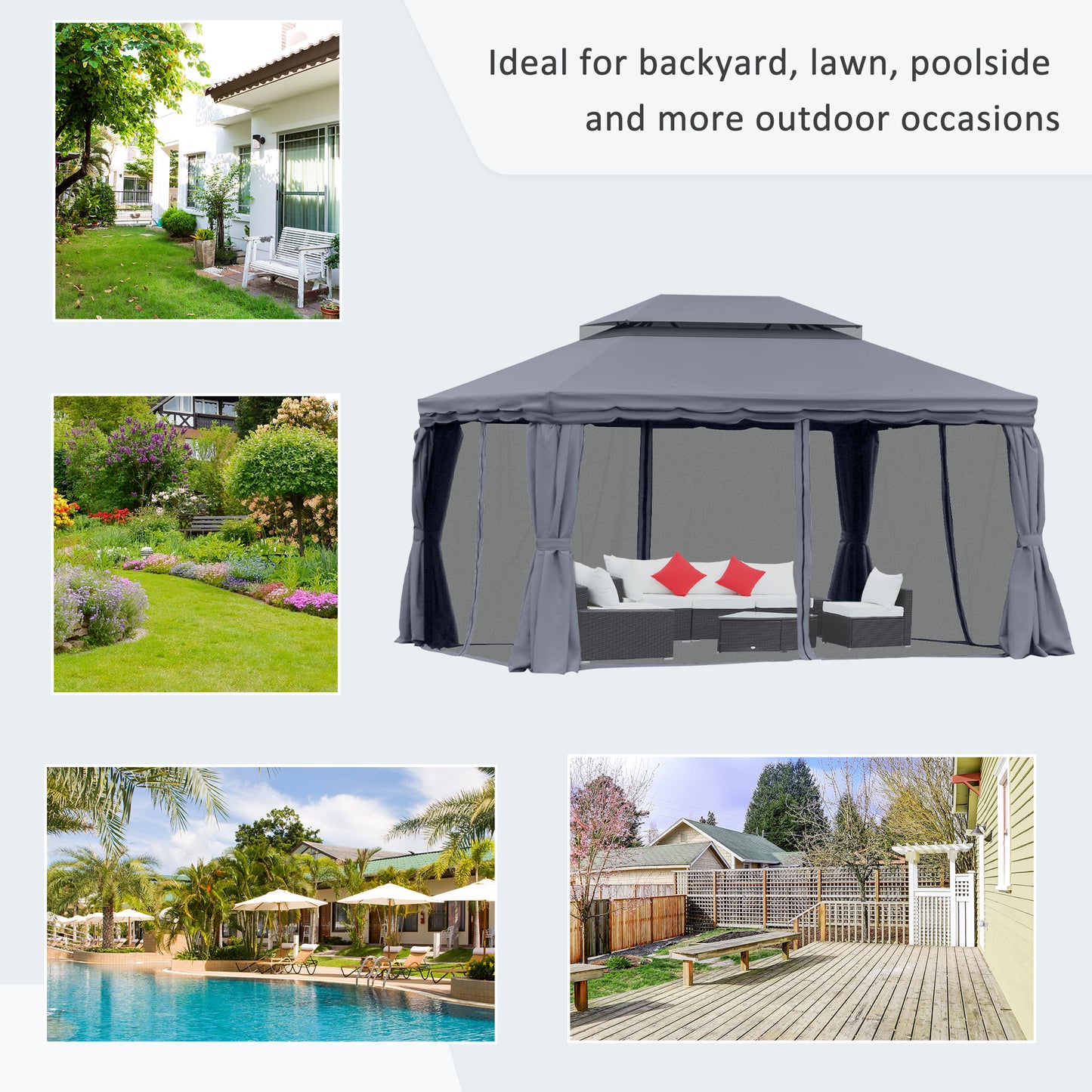 Outsunny 3 x 4m Aluminium GardenÂ Gazebo, Marquee Canopy Shelter Pavilion Party Tent with Nets and Curtains for Garden and Deck, Dark Grey