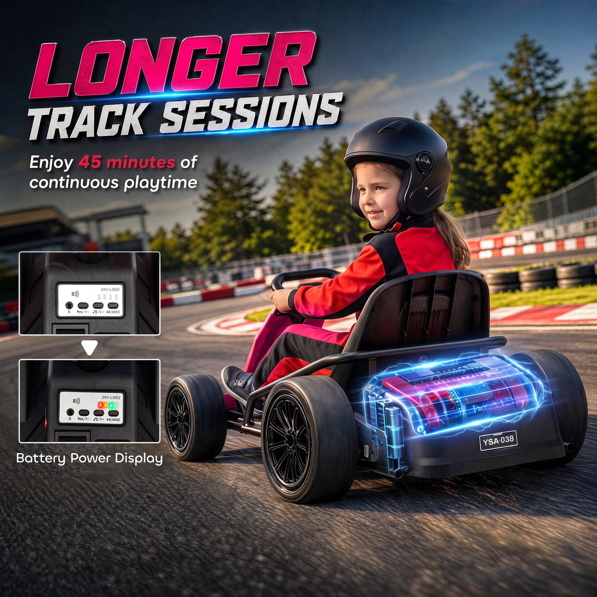 AIYAPLAY 24V Electric Go Kart for Kids, Ride On Racing Go Kart with Dual 150W Motors, 12KM/H Max Speed for Ages 6-14, Pink