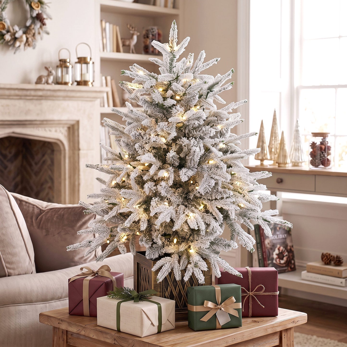 HOMCOM 90 cm Prelit Flocked Table Christmas Tree, Artificial Christmas Tree with 70 Warm White LED Lights, 488 Tips, Green