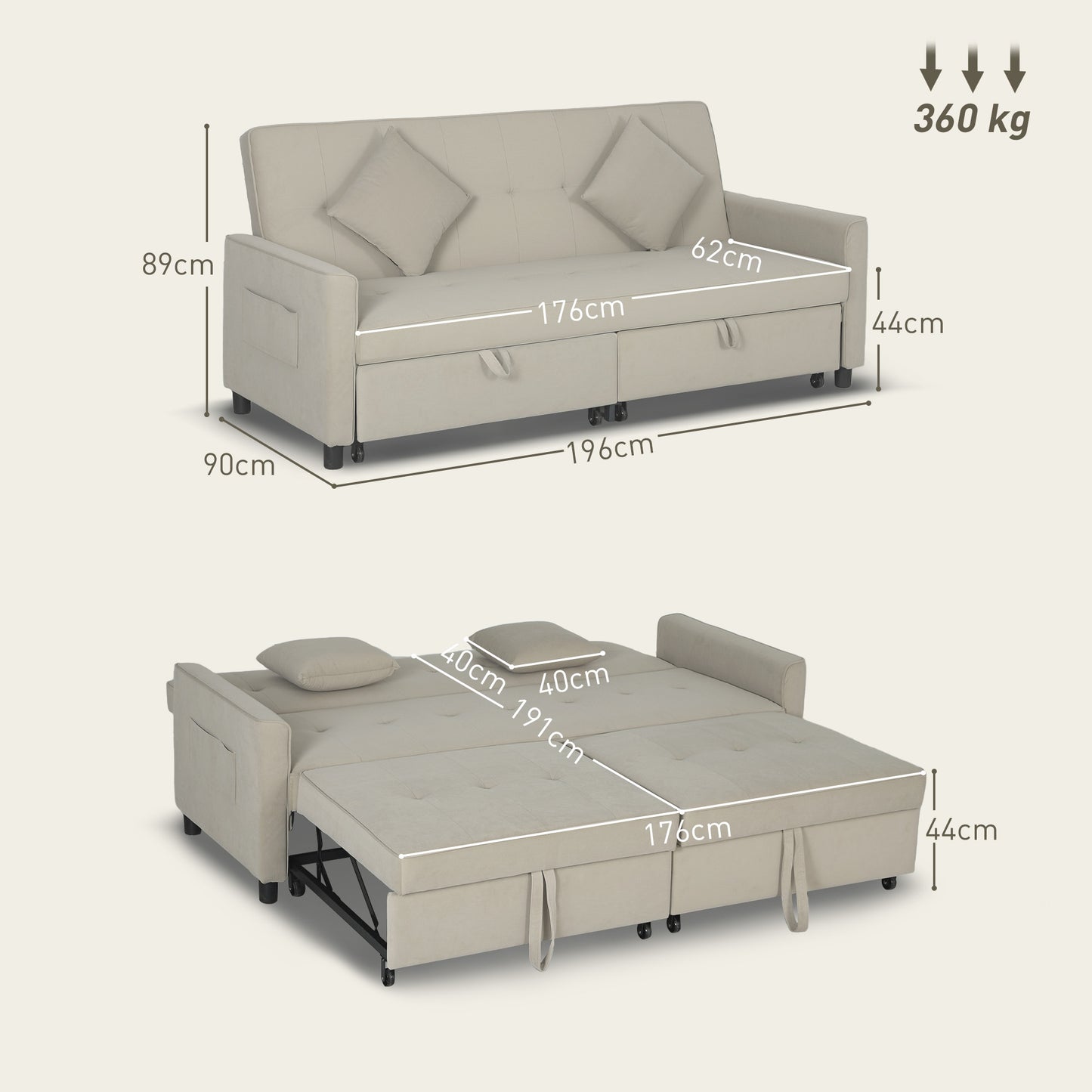 HOMCOM 3 Seater Velvet Sofa Bed, Convertible Pull-Out Sofa Bed with Adjustable Backrest, Space Saving Living Room Sofa, Beige