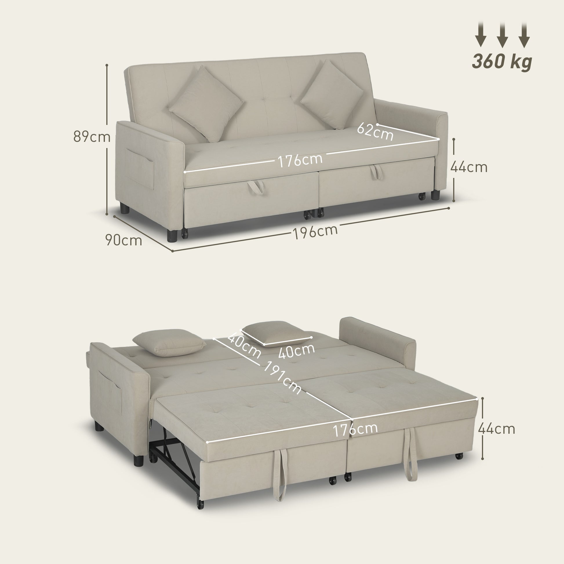 HOMCOM 3 Seater Velvet Sofa Bed, Convertible Pull-Out Sofa Bed with Adjustable Backrest, Space Saving Living Room Sofa, Beige