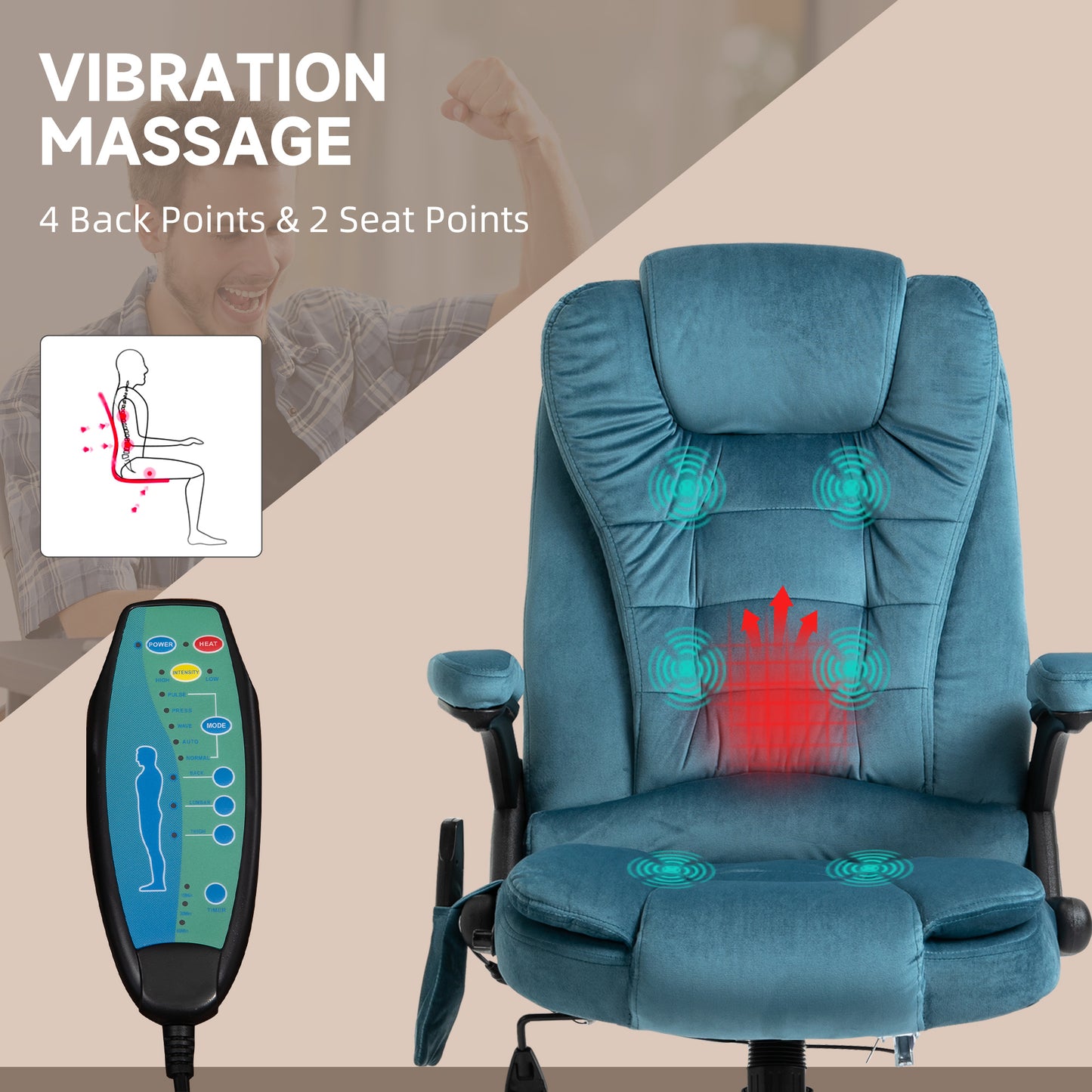 Vinsetto Massage Recliner Chair Heated Office Chair with Six Massage Points Velvet-Feel Fabric 360Â° Swivel Wheels Blue