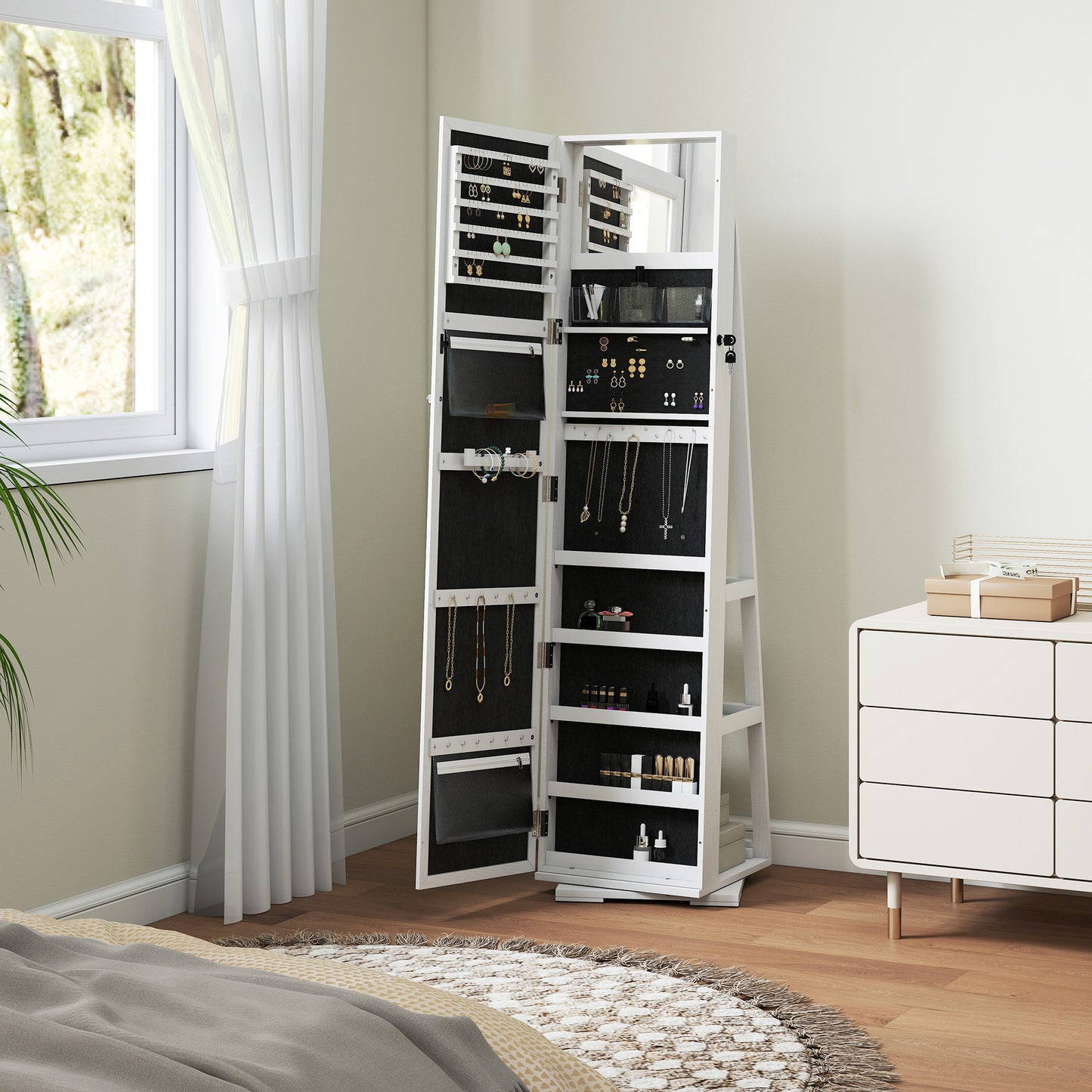 HOMCOM 360Â° Swivel Jewellery Cabinet, Free Standing Full Length Mirror with Storage, Lockable Jewellery Organiser with Built-in Makeup Mirror and Storage Shelves for Bedroom, White
