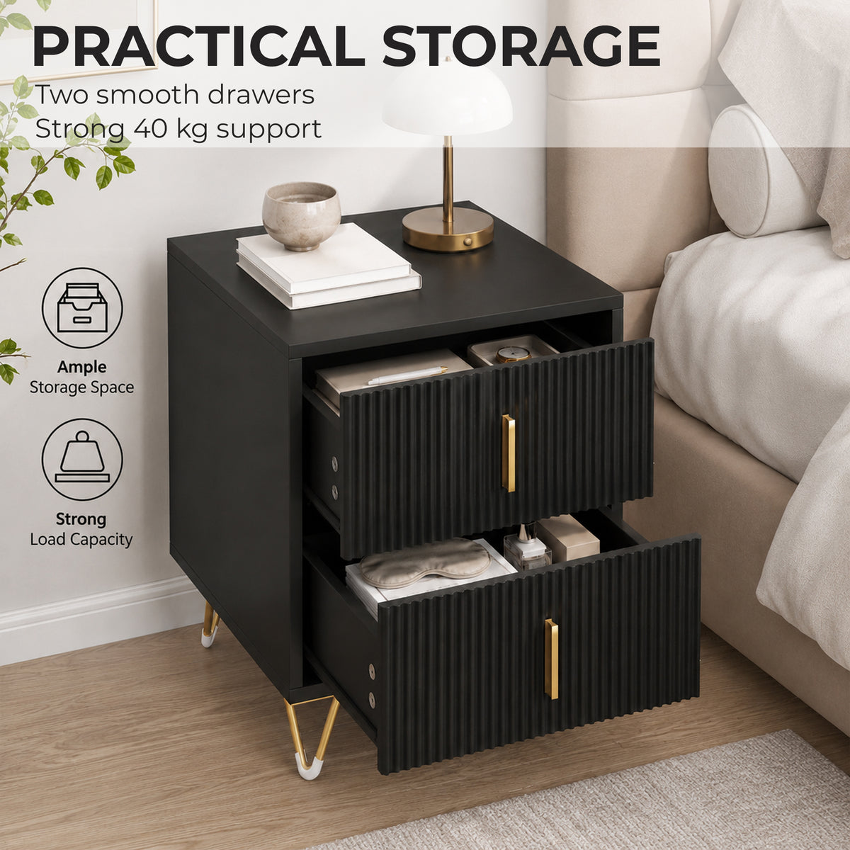 HOMCOM Elegant Fluted Bedside Table - Black/Gold-Tone