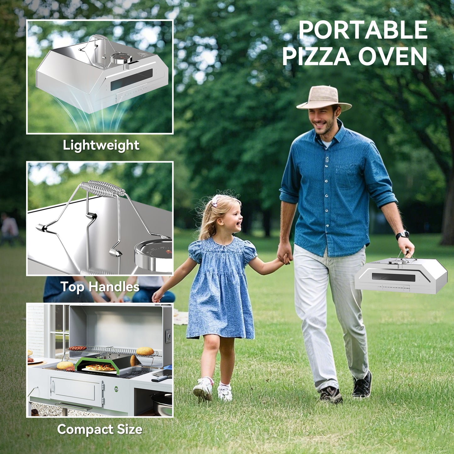 Outsunny 8 in Portable Stainless Steel BBQ Grill Top Pizza Oven with Built-in Thermometer and Viewing Window for Gas and Charcoal BBQ Grills, Includes Carry Handles, Pizza Stone and Peel, Silver Tone