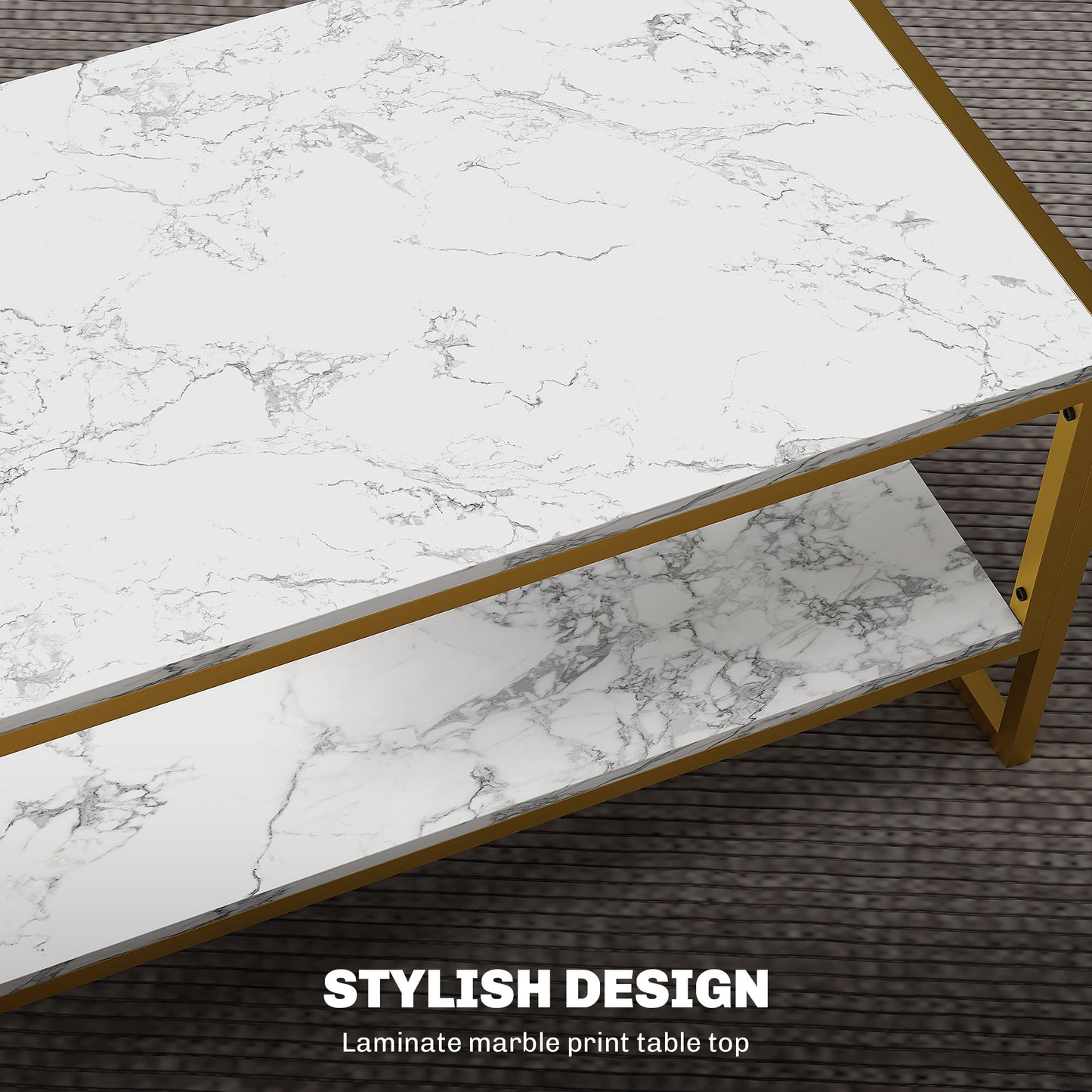 HOMCOM Coffee Table, Two-Tier Faux Marble Effect Centre Table with Metal Frame and Storage Shelf for Living Room, 106 x 50 x 45cm, White