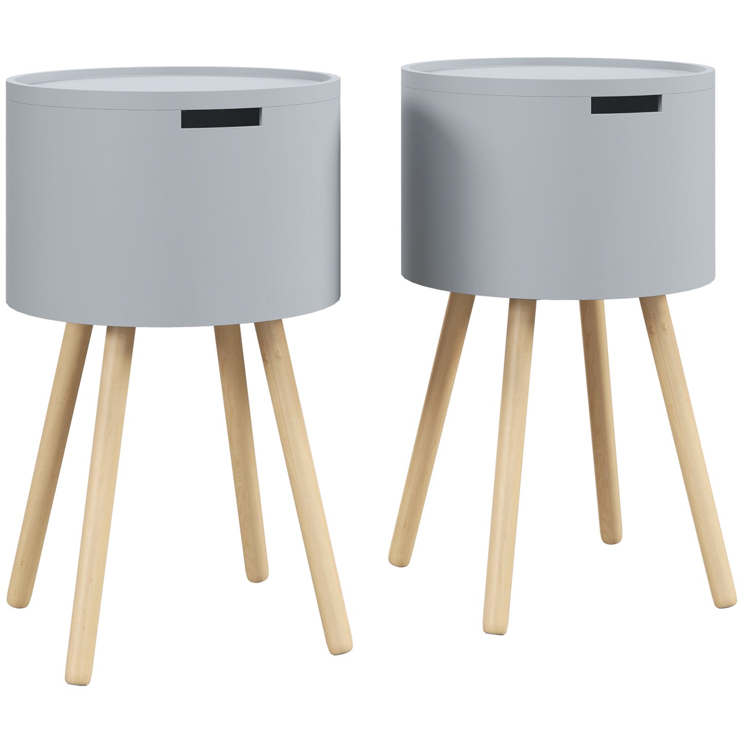 HOMCOM Modern Side Table with Hidden Storage Space, Round Night Stand with Removable Tray Wood Frame End Coffee Table for Living Room, Set of 2, Grey