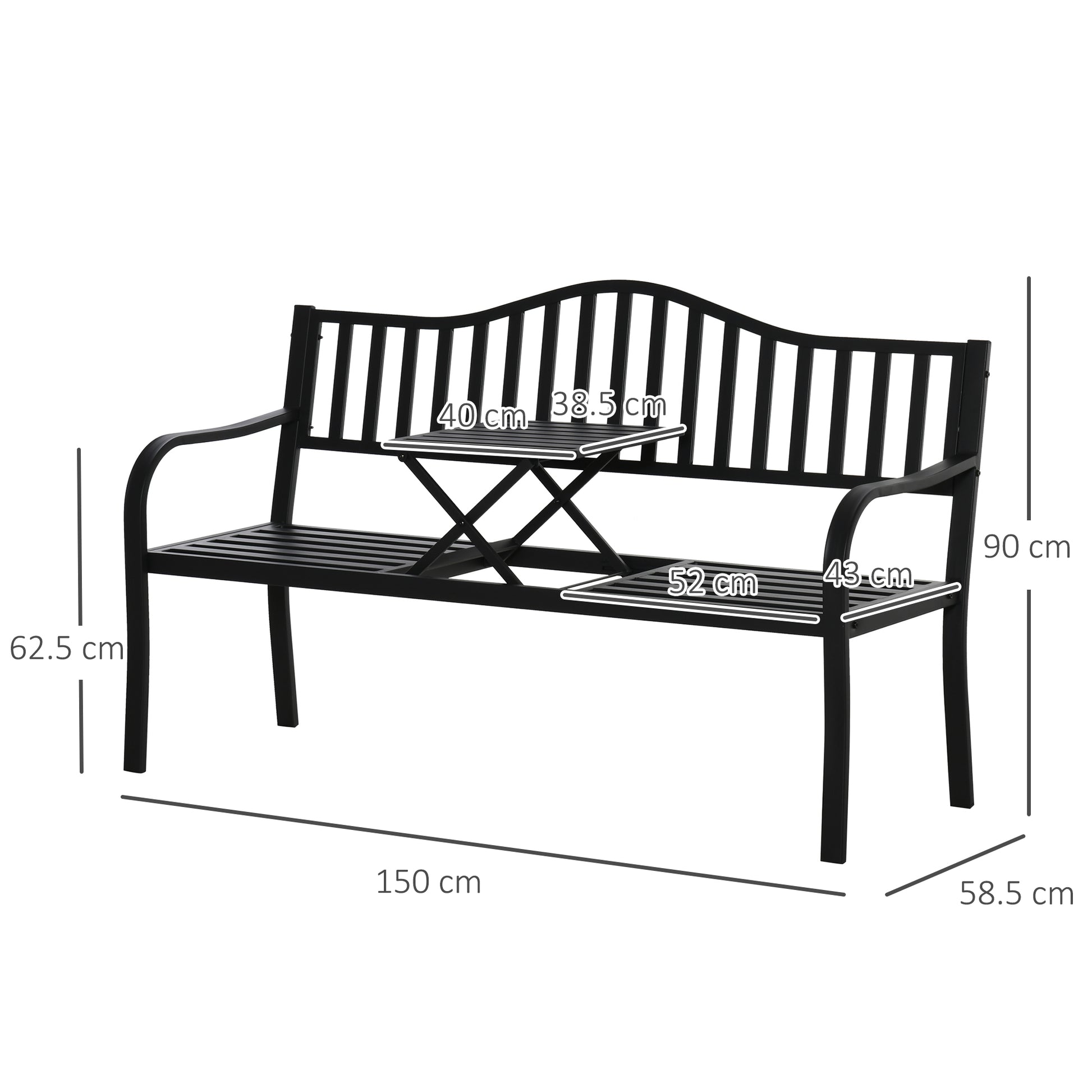 Outsunny Metal Outdoor Bench with Liftable Middle Table, Patio Loveseat, Garden Bench for Garden, Porch, Seats 2â€“3 People, Black