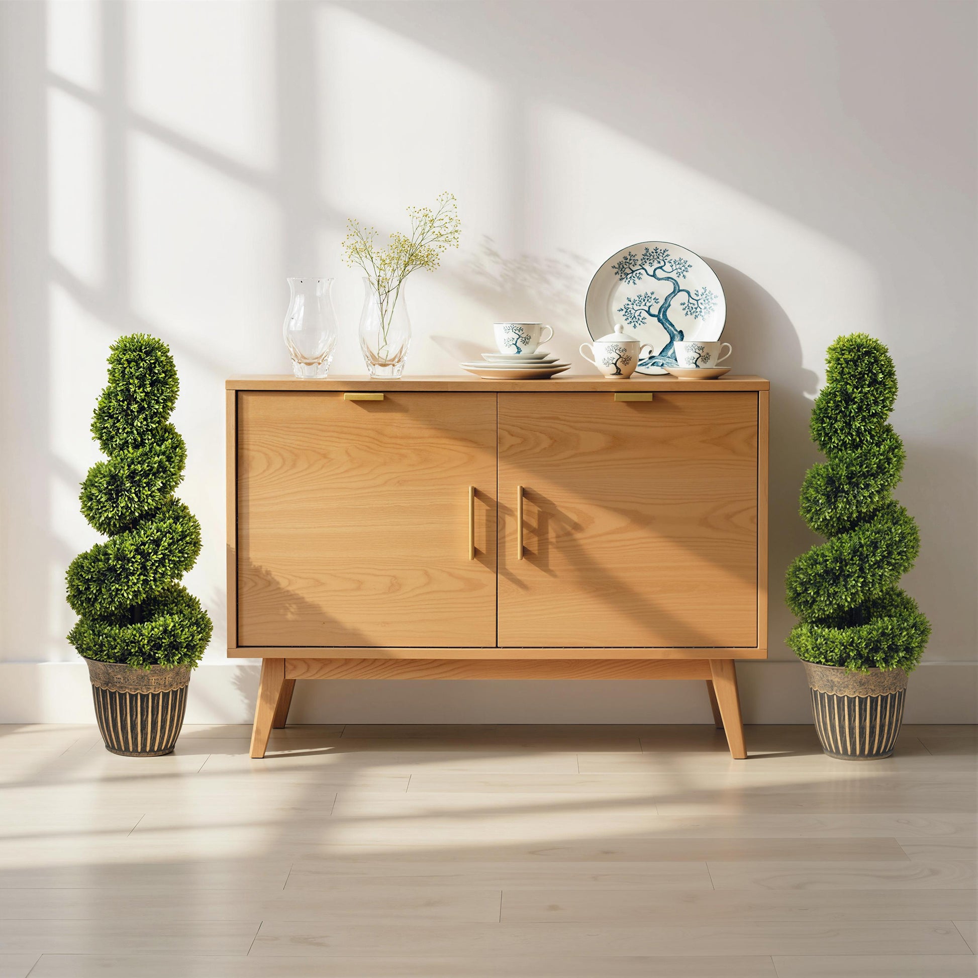 HOMCOM Set of 2 Artificial Plants, Topiary Spiral Boxwood Trees with Pot, for Home Indoor Outdoor Decor, 90cm
