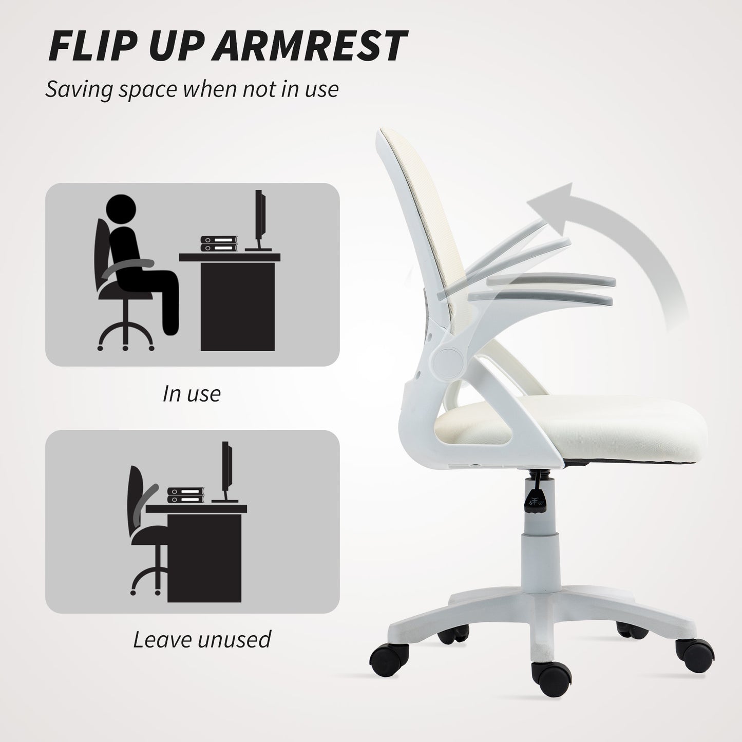 HOMCOM Breathable Mesh Office Chair, Ergonomic Swivel Computer Chair with Flip-up Armrests, Lumbar Back Support for Home/Office, White