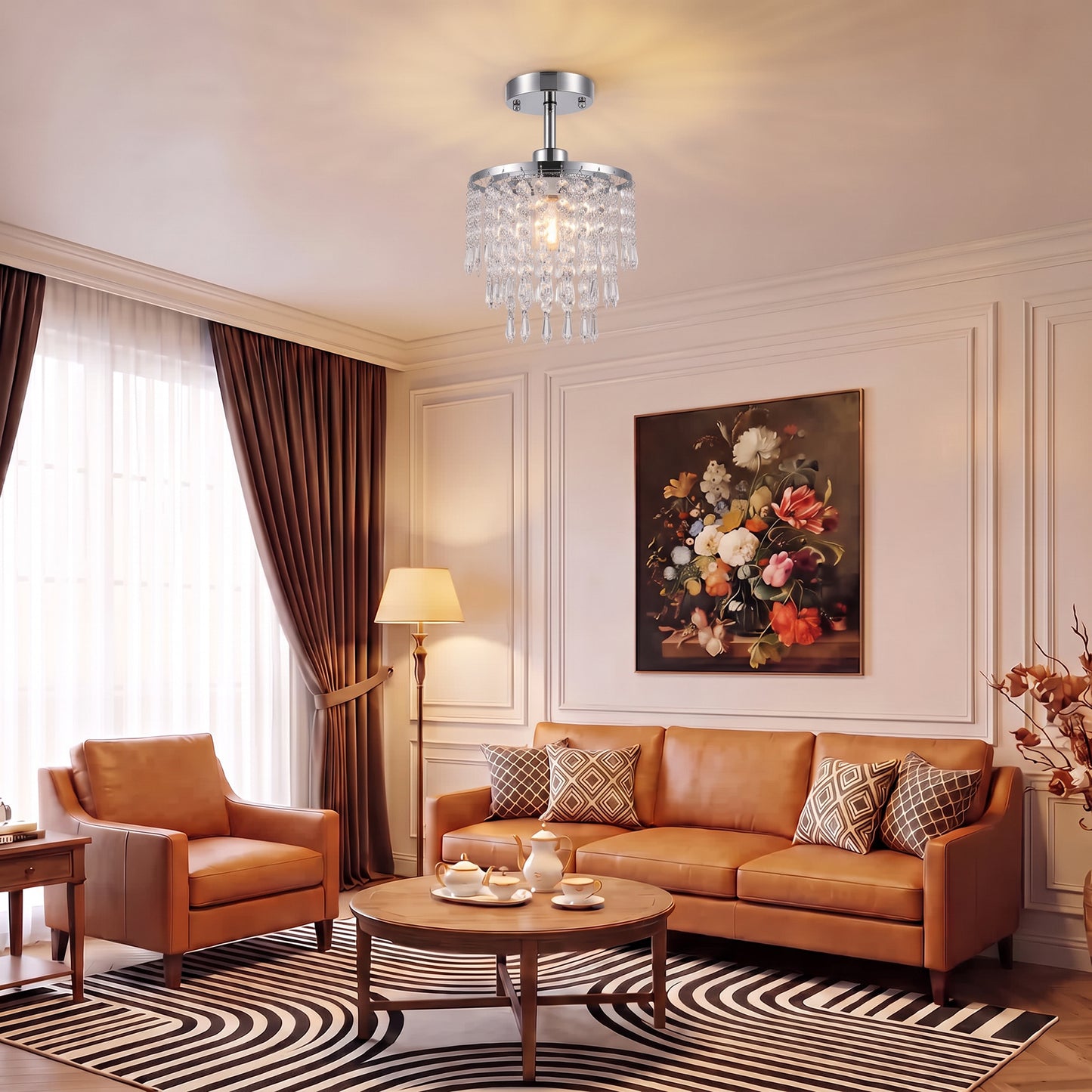 HOMCOM Crystal Ceiling Light with 57 Crystal Strands, Ceiling Light with Mounting Plate for Hallway, Silver Tone