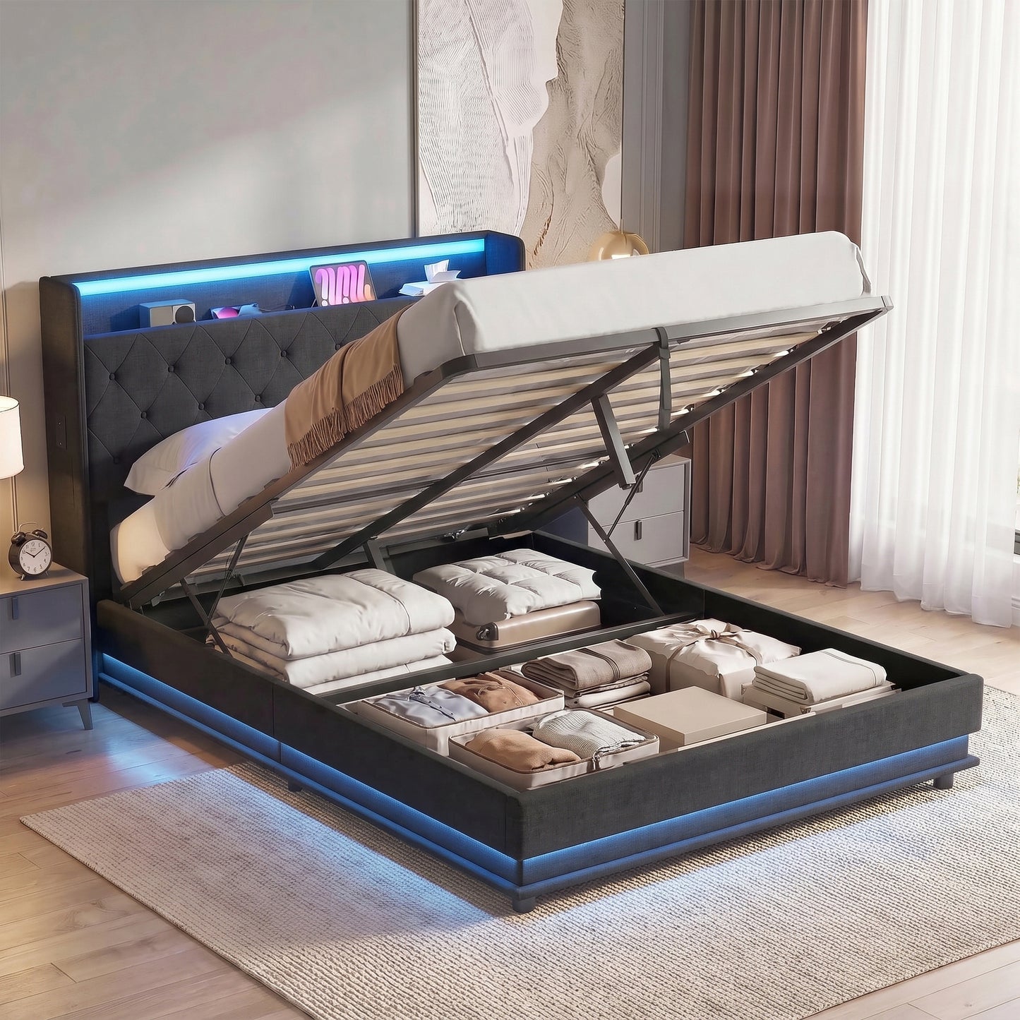 HOMCOM 4ft6 Double Bed Frame with Headboard, Platform Bed Frame with Hydraulic Storage, LED Lights and Charging Station, Black