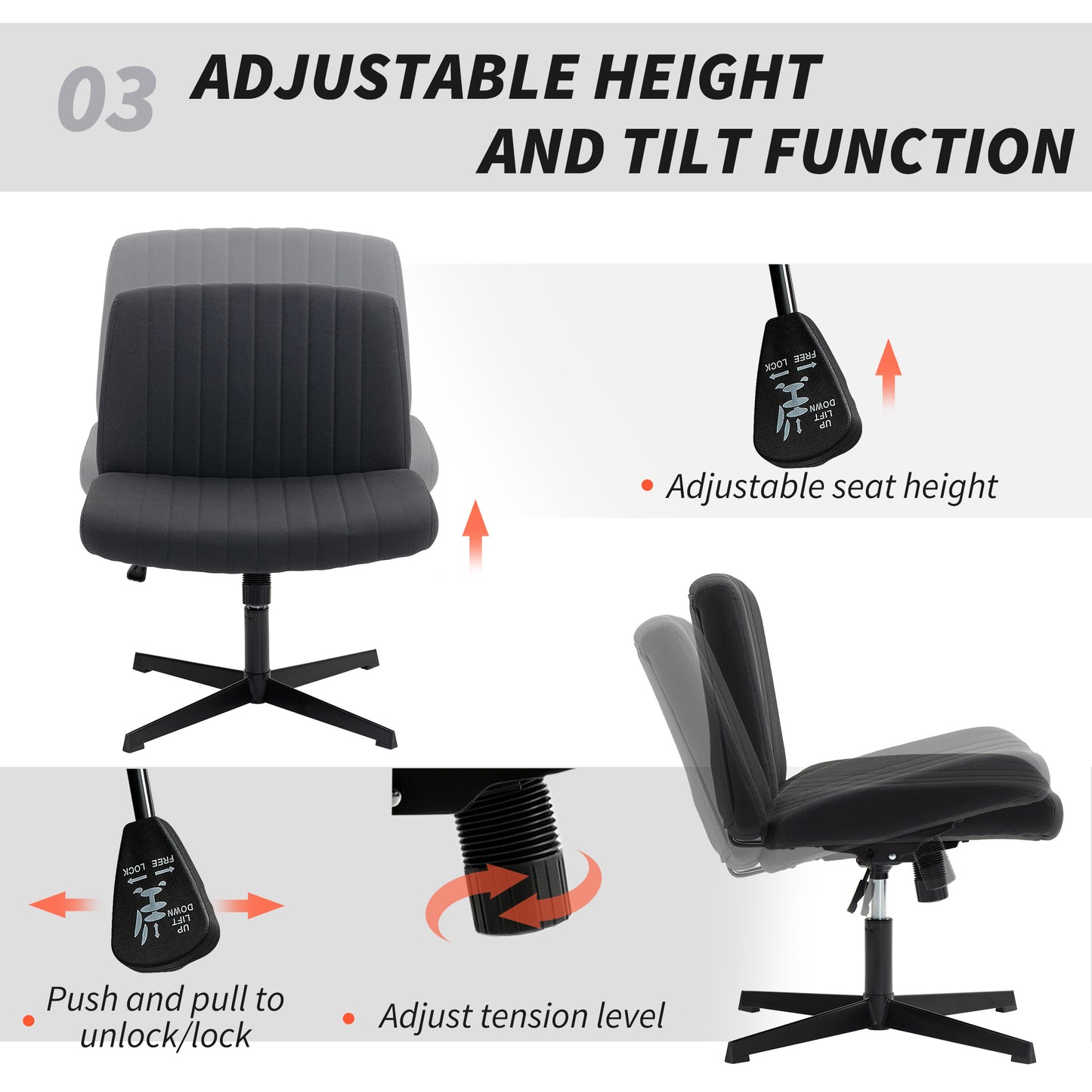 HOMCOM Armless Office Chair No Wheels, Linen Fabric Criss Cross Legged Desk Chair with Wide Seat, Thick Padding, Tilt Function, Height Adjustable Swivel Computer Seat for Home, Black