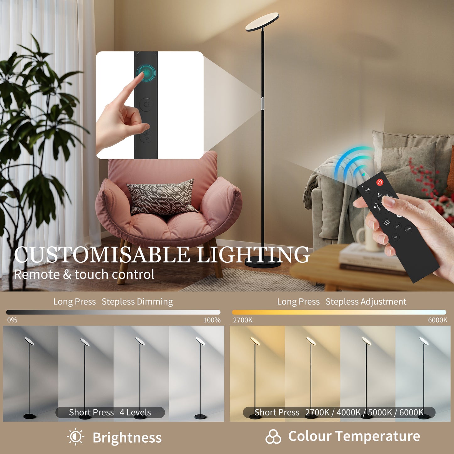 HOMCOM RGB Uplighter Floor Lamp, Tall Dimmable Standing Lamp with Remote & Touch Control, 350Â° Rotatable Head for Living Room Bedroom, 2700K-6000K Colour Temperatures, Black