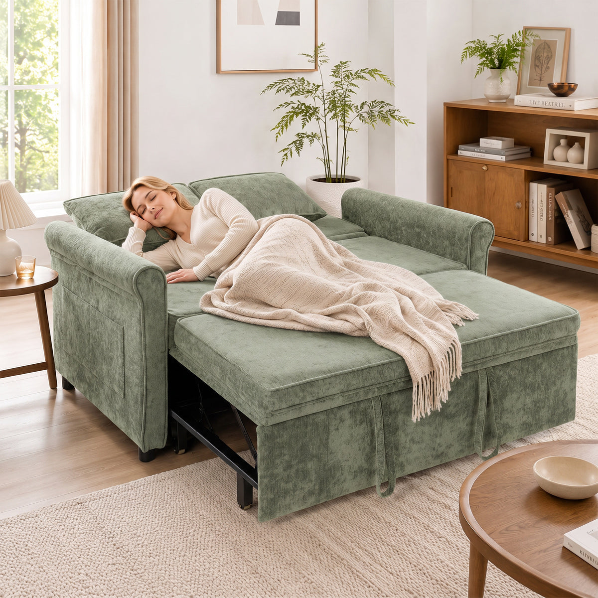 HOMCOM 2 Seater Sofa Bed 3-in-1 Convertible Chenille Pull Out Sleeper Sofa with 5-Position Adjustable Backrest, Light Green
