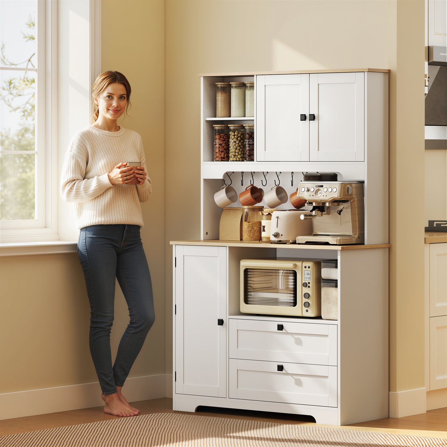 HOMCOM Kitchen Cupboard, Freestanding Kitchen Cabinet with 2 Cabinets, 2 Drawers, Open and Adjustable Shelves, White