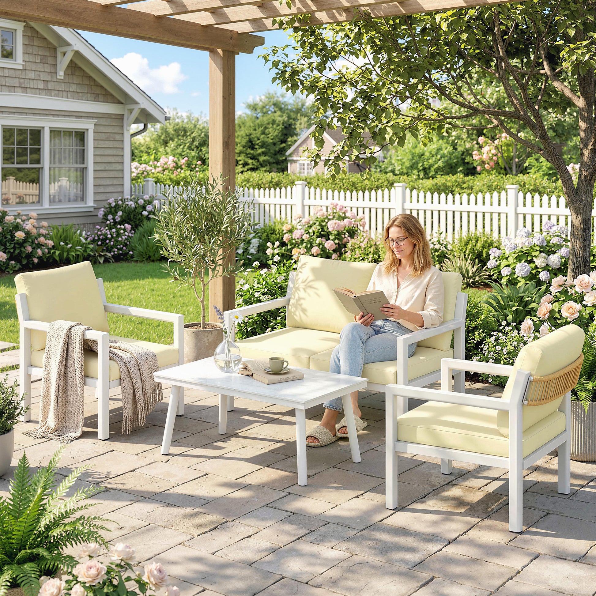 Outsunny 4 Seater Rattan Garden Furniture Set with 2 Armchairs, Loveseat, Coffee Table, Garden Sofa Set with Cushions, Beige
