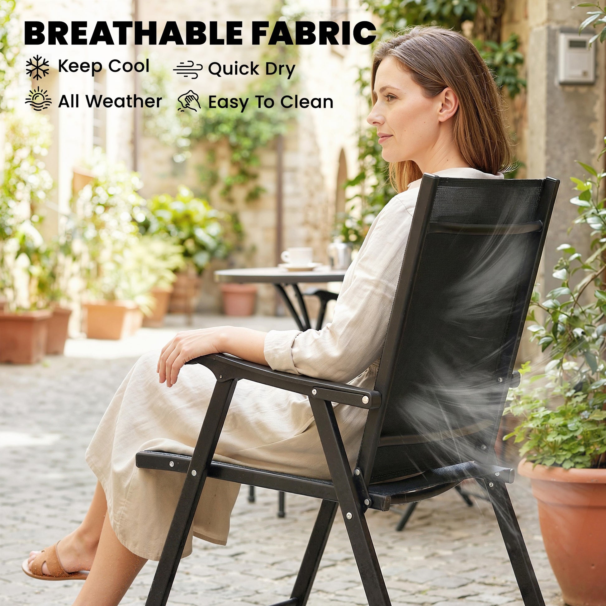 Outsunny Folding Garden Chairs Set of 4 with High Back, Armrests, Texteline Seat, Black