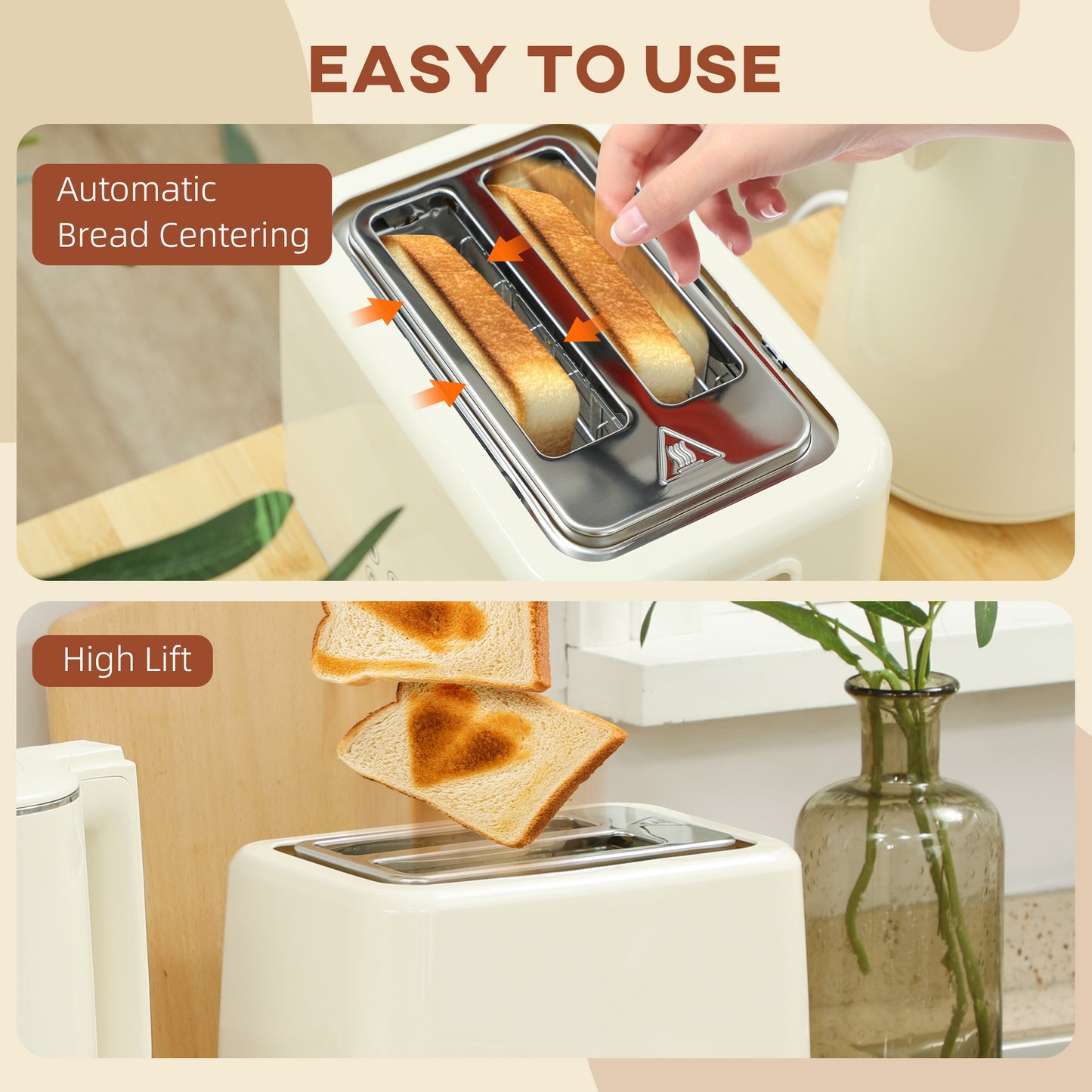 HOMCOM Digital Stainless Steel Kettle and Toaster Set, 1.5L 3000W Fast Boil Kettle, 2 Slice Toaster with 7 Level Browning Controls, Defrost, Reheat, Keep Warm, Crumb Tray and LED Touch Display, Beige