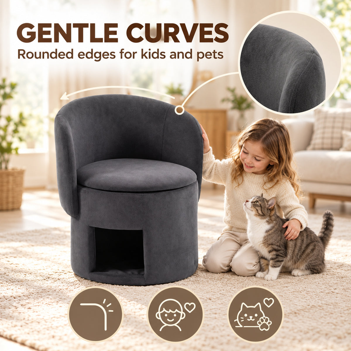 HOMCOM Cat-Scratch Fabric Upholstered Accent Chair with Cat Condo, Fold-Down Backrest, Lift-Up Seat Lid for Bedroom, Dark Grey