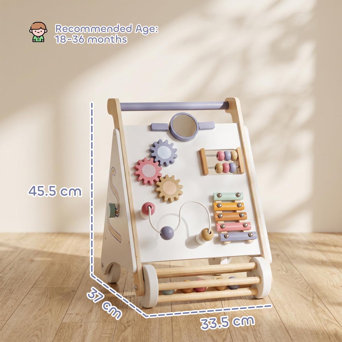 AIYAPLAY Wooden Baby Walker, Montessori Push Along Toy with 5 Blocks and Xylophone Mallet, Adjustable Speed for Toddlers 1.5-3Y